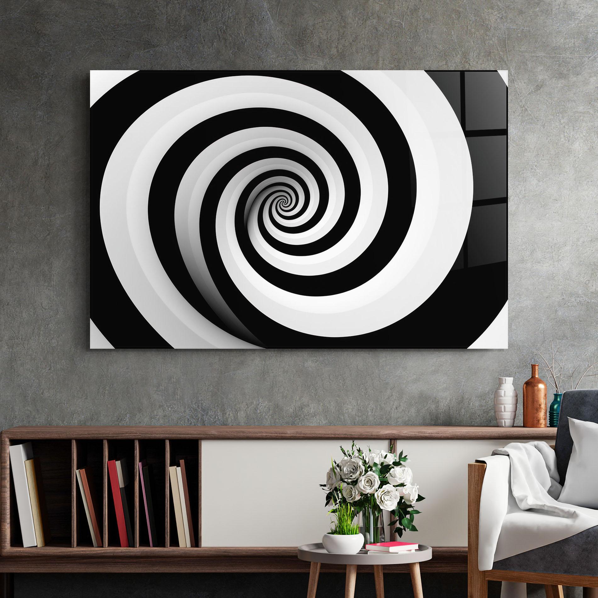Glasbild Black White Spiral mockup 2