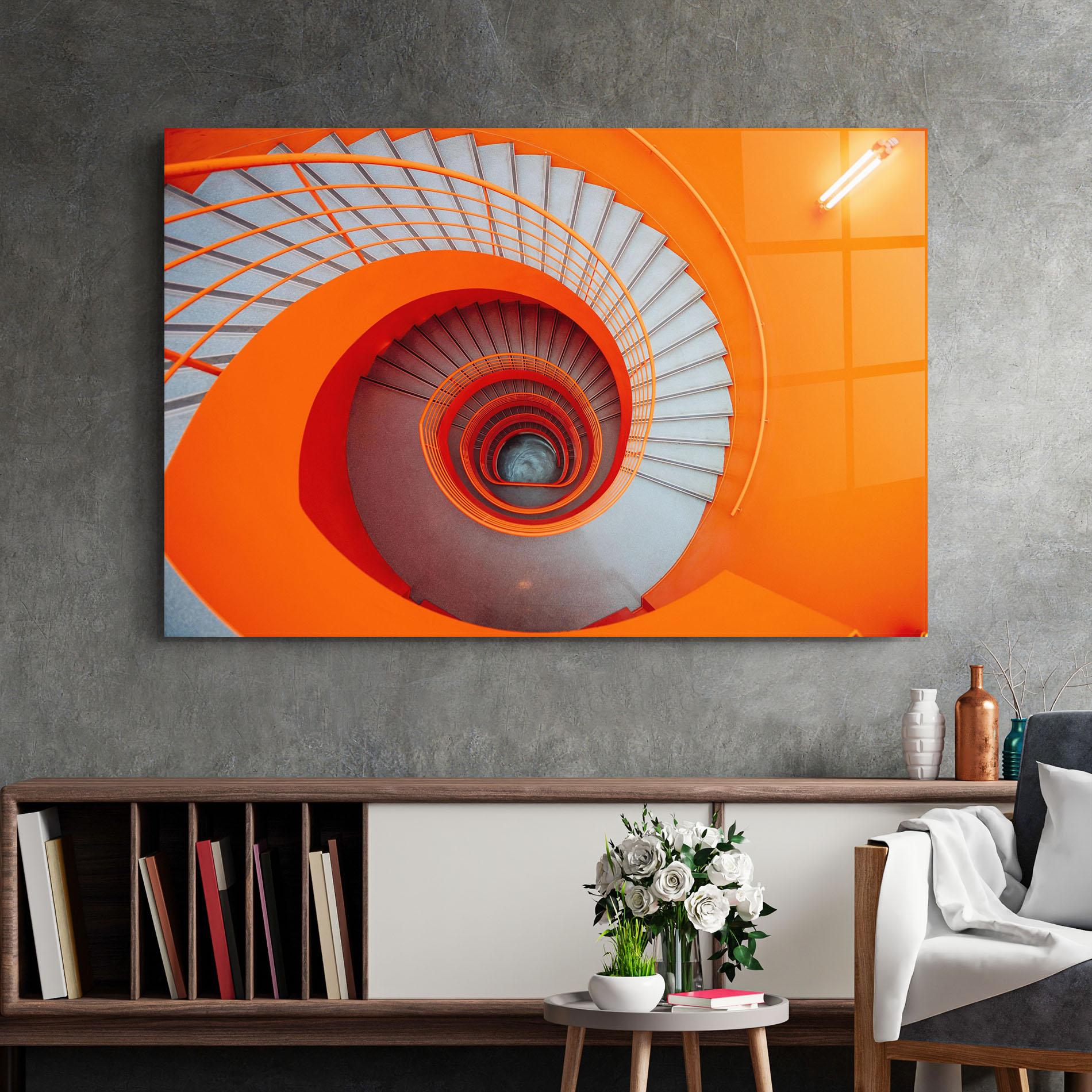 Glasbild Grey Orange Stairs mockup 2