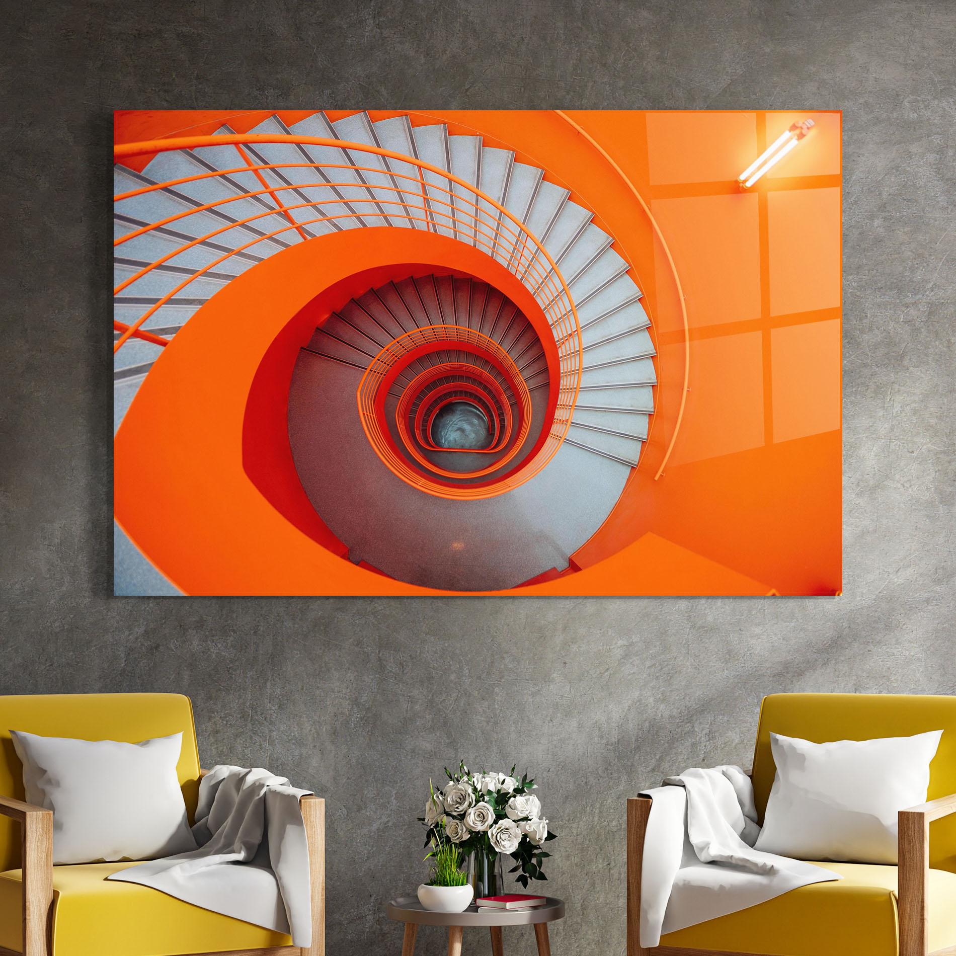 Glasbild Grey Orange Stairs mockup 4