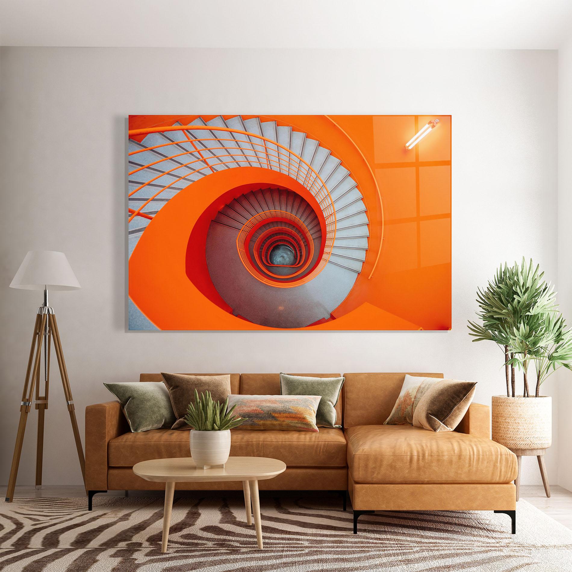 Glasbild Grey Orange Stairs mockup 7