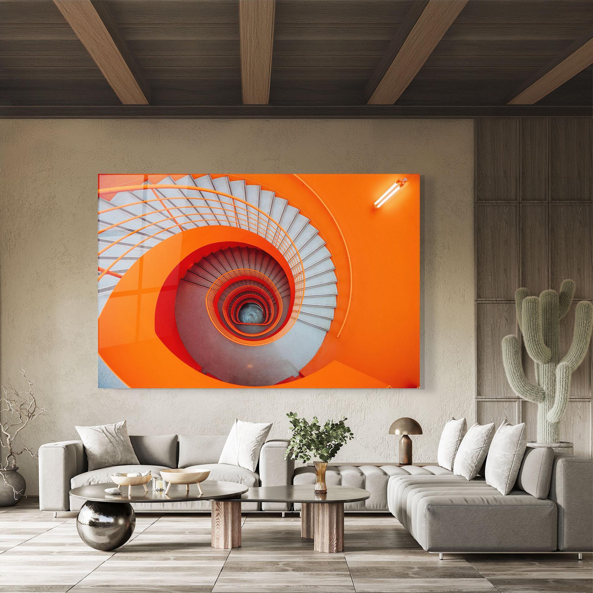 Glasbild Grey Orange Stairs mockup 8