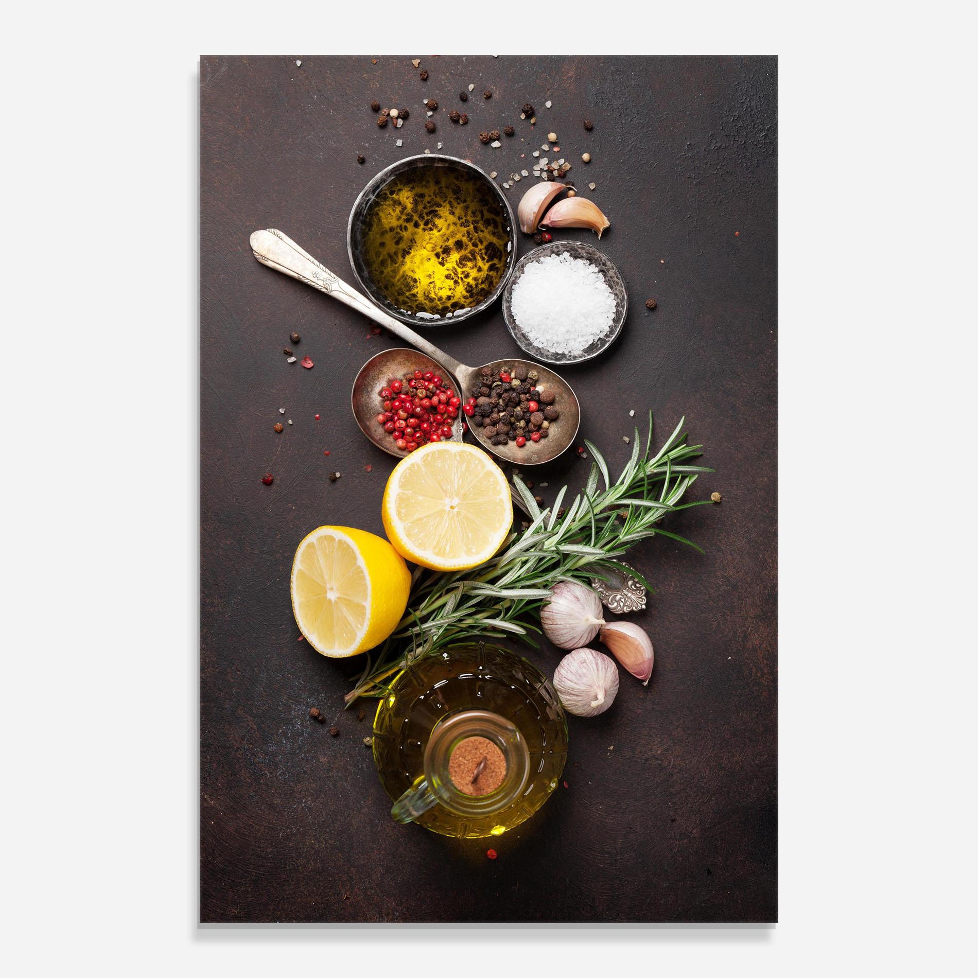 Glasbild Spices On Stone Table mockup 0