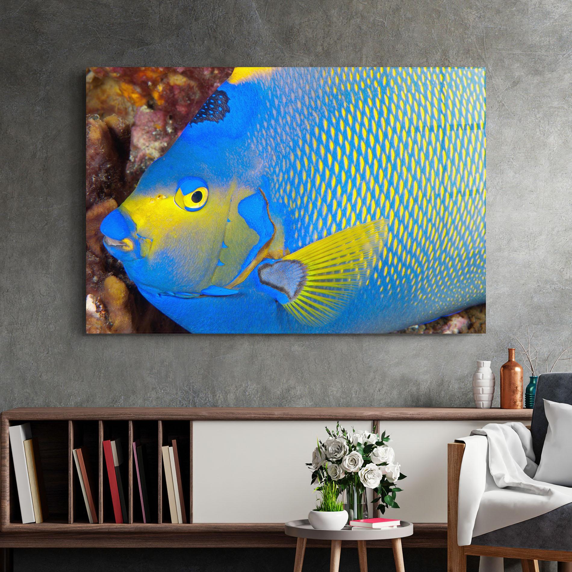 Glasbild Blue Yellow Fish mockup 2