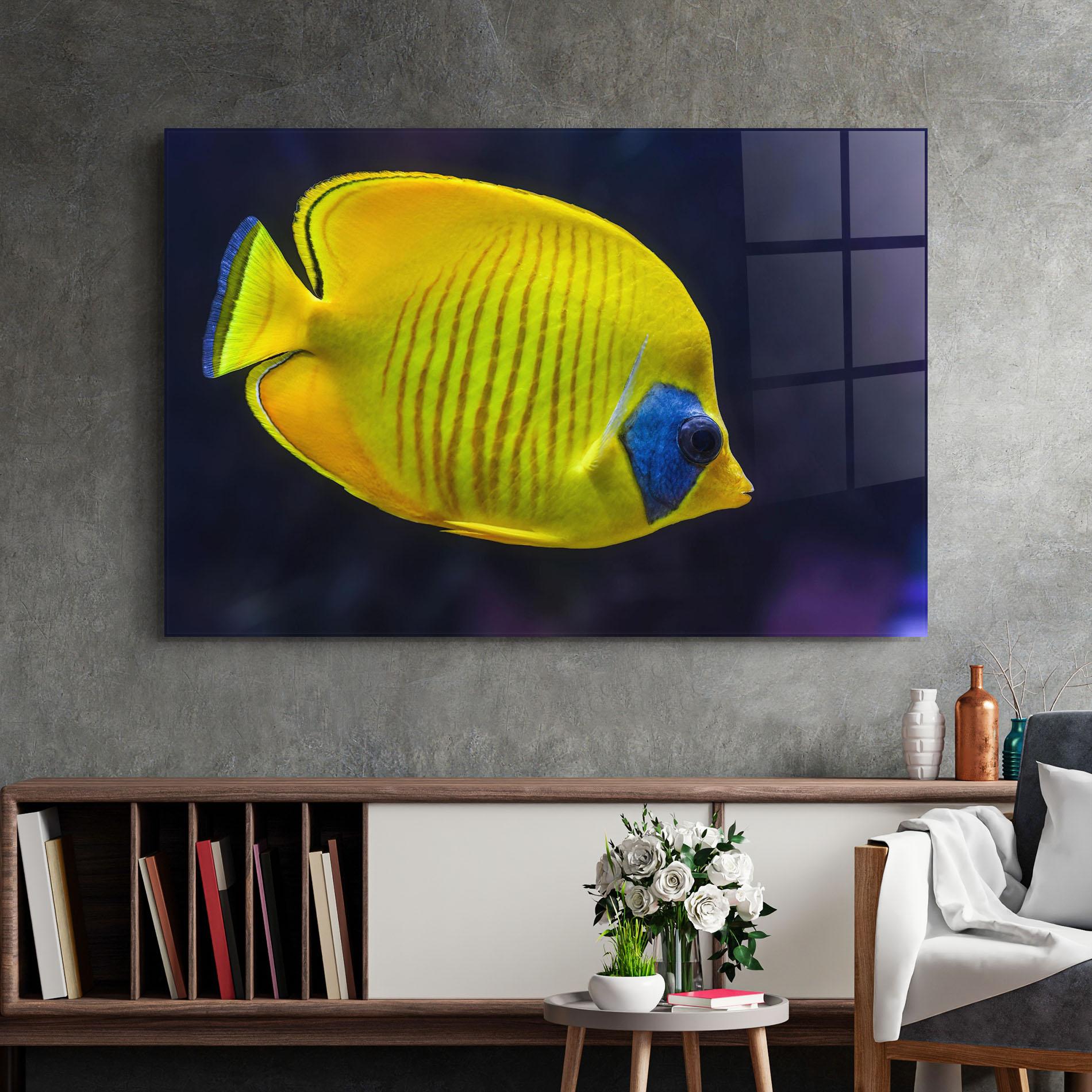 Glasbild Yellow Blue Fish mockup 2