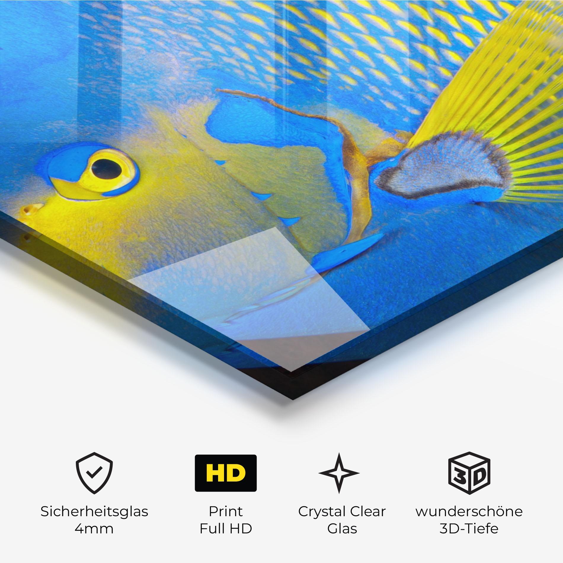 Glasbild Blue Yellow Fish mockup 3