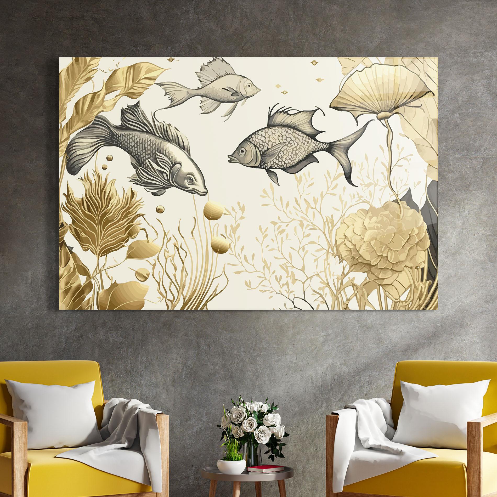 Glasbild Grey Gold Fish mockup 4