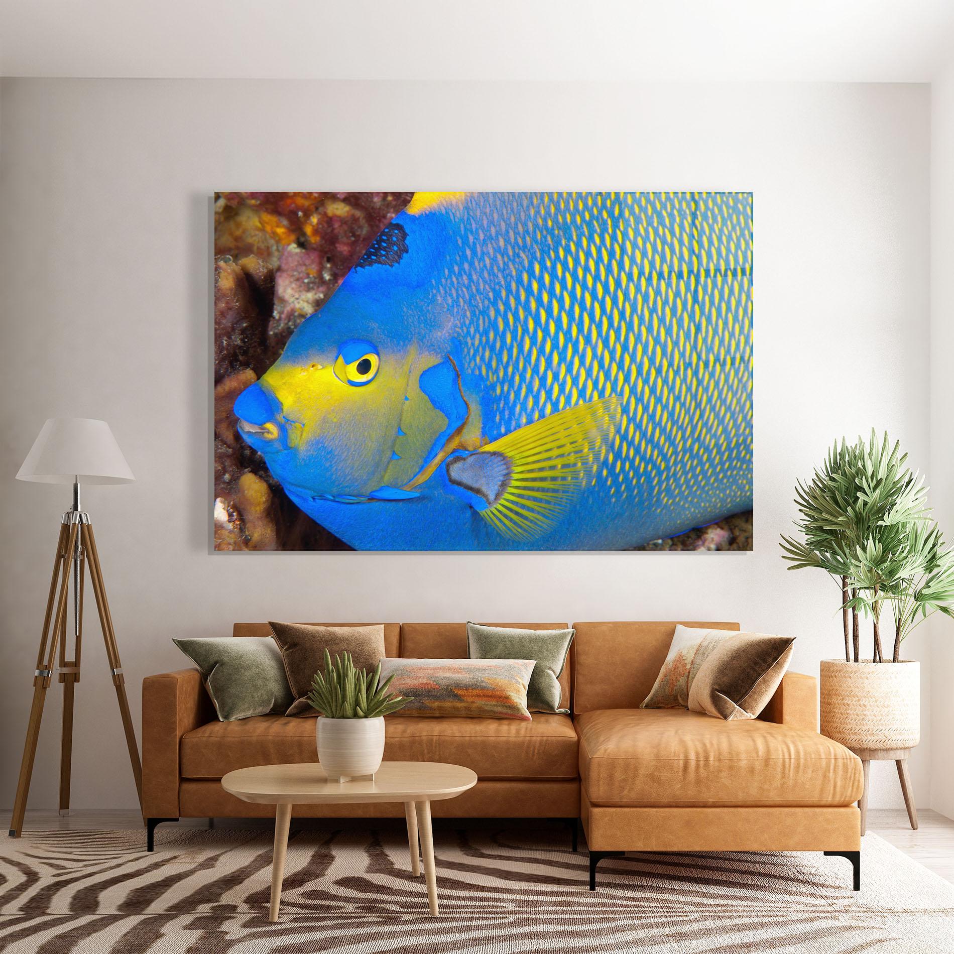 Glasbild Blue Yellow Fish mockup 7