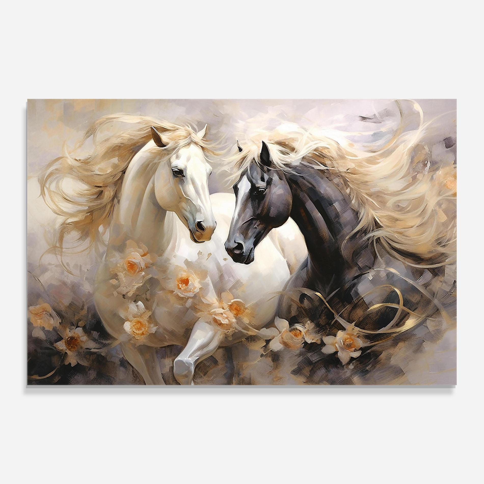 Glasbild Black And White Horses mockup 0