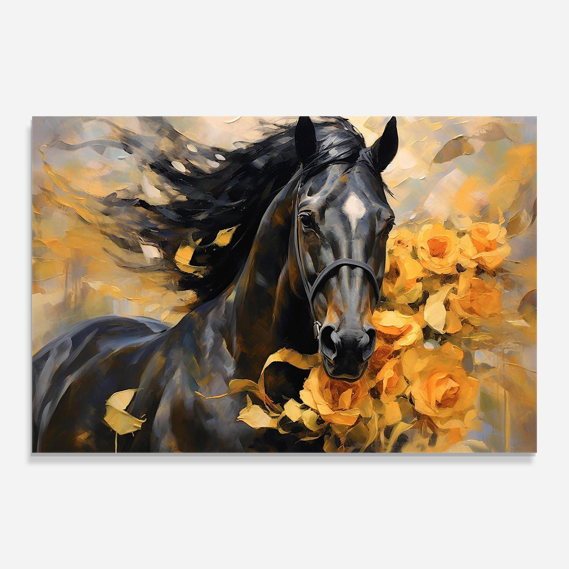 Glasbild Yellow Roses Horse mockup 0