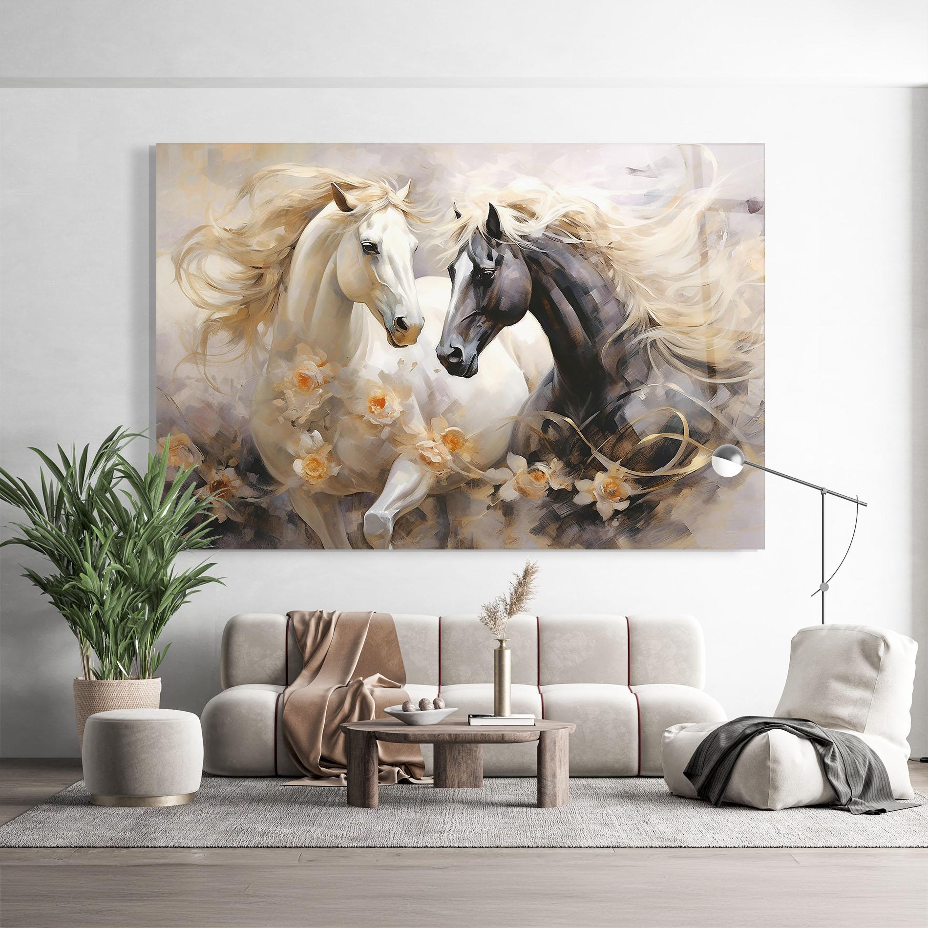 Glasbild Black And White Horses mockup 9