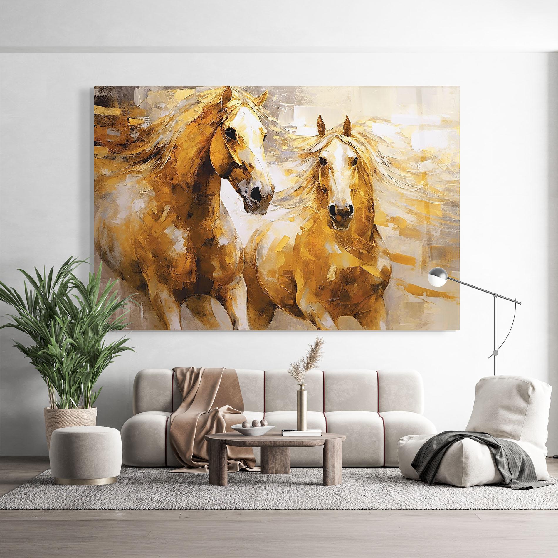 Glasbild Golden Brown Horses mockup 9