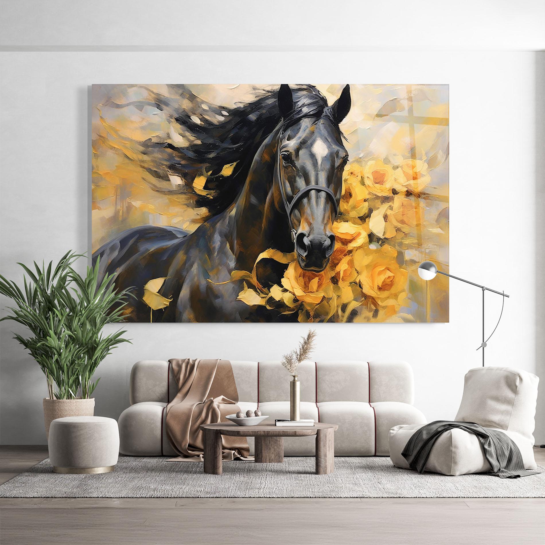Glasbild Yellow Roses Horse mockup 9