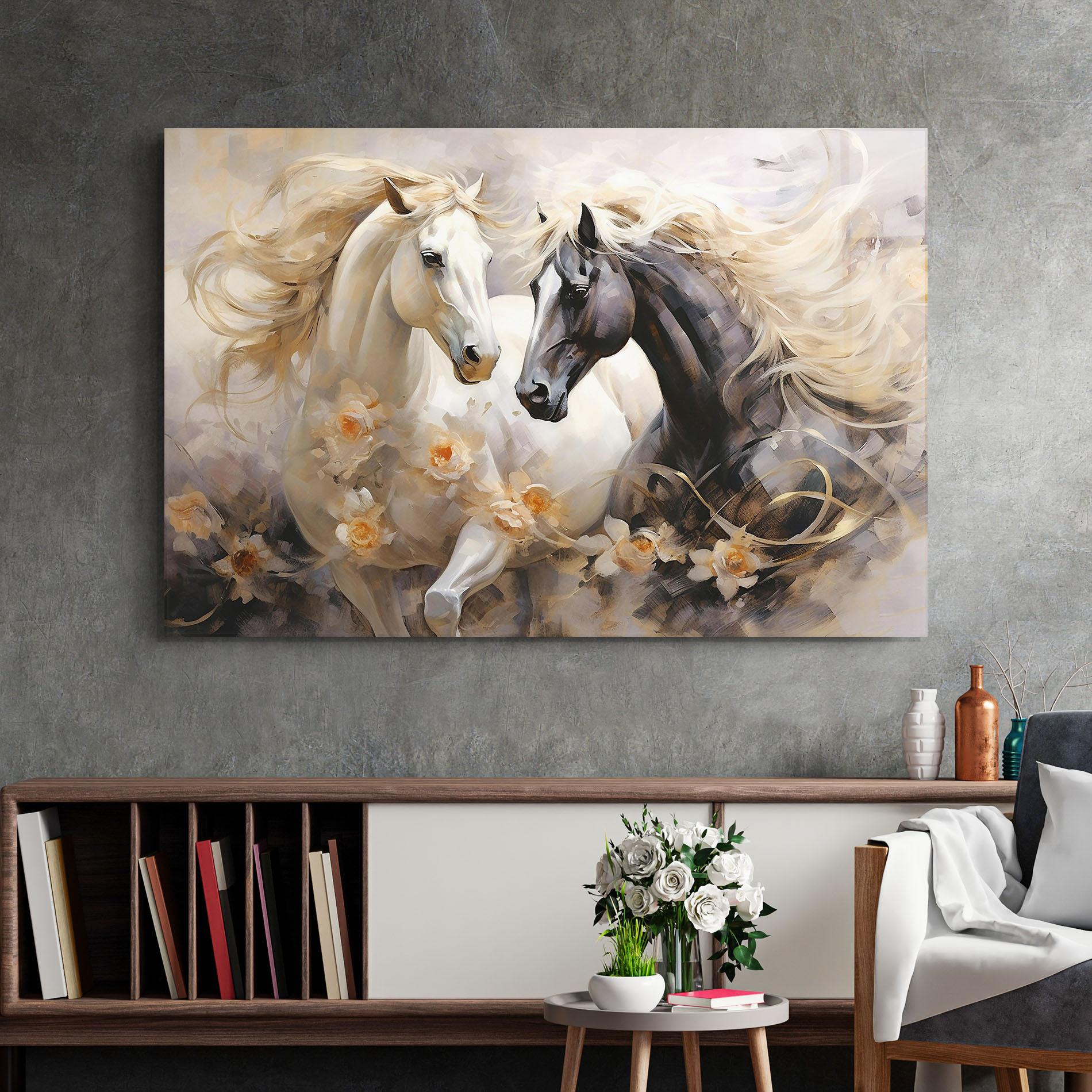Glasbild Black And White Horses mockup 2