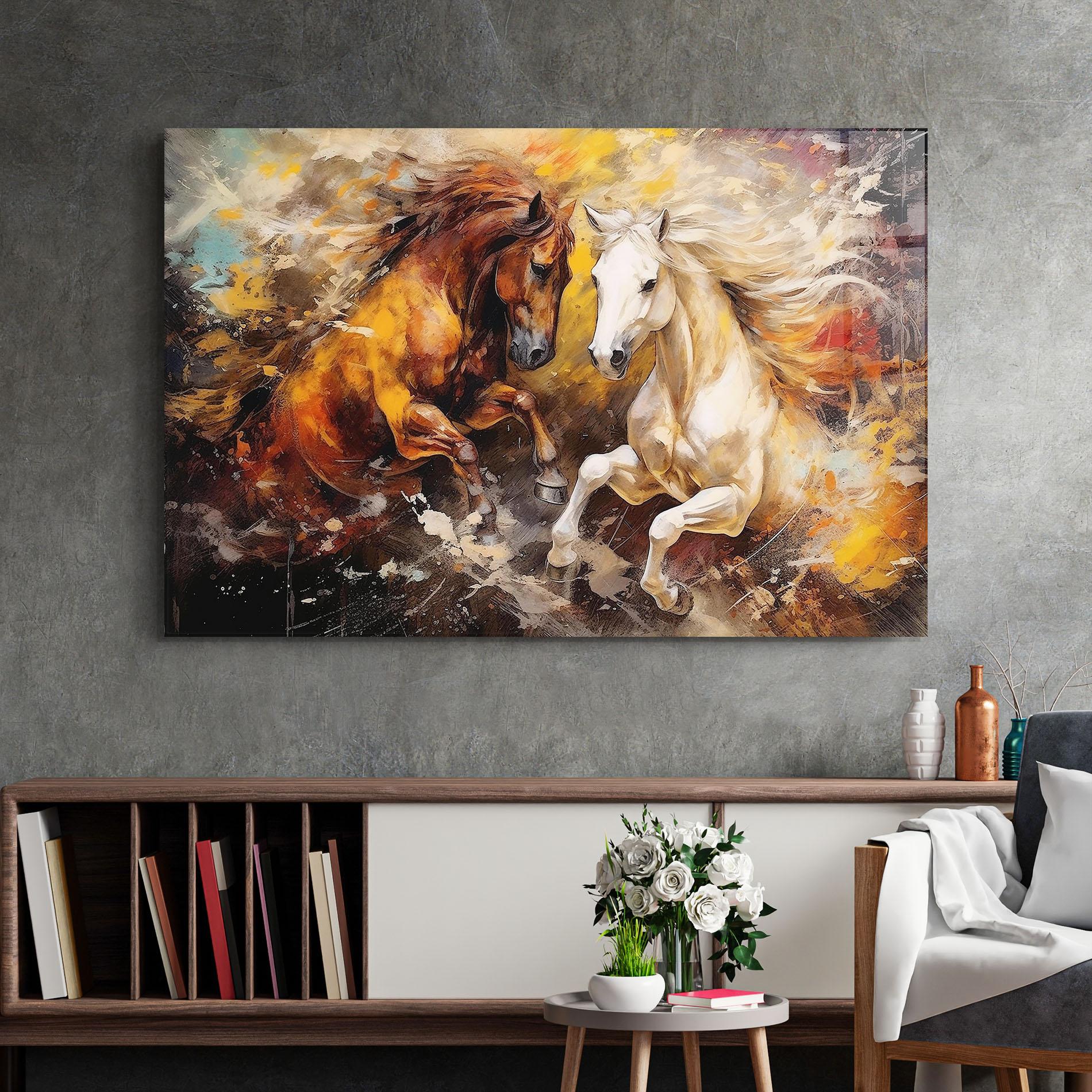 Glasbild Brown White Horses mockup 2