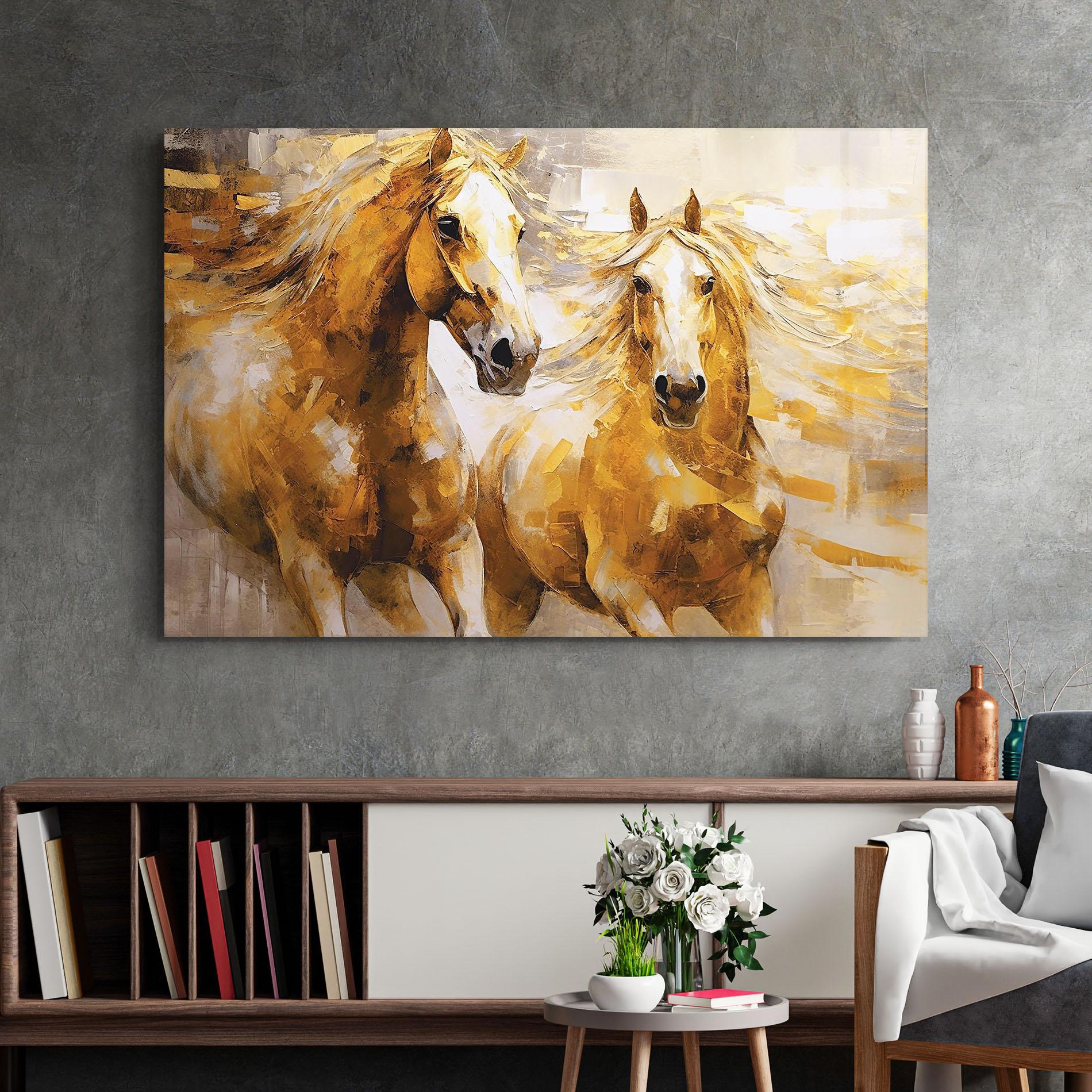 Glasbild Golden Brown Horses mockup 2