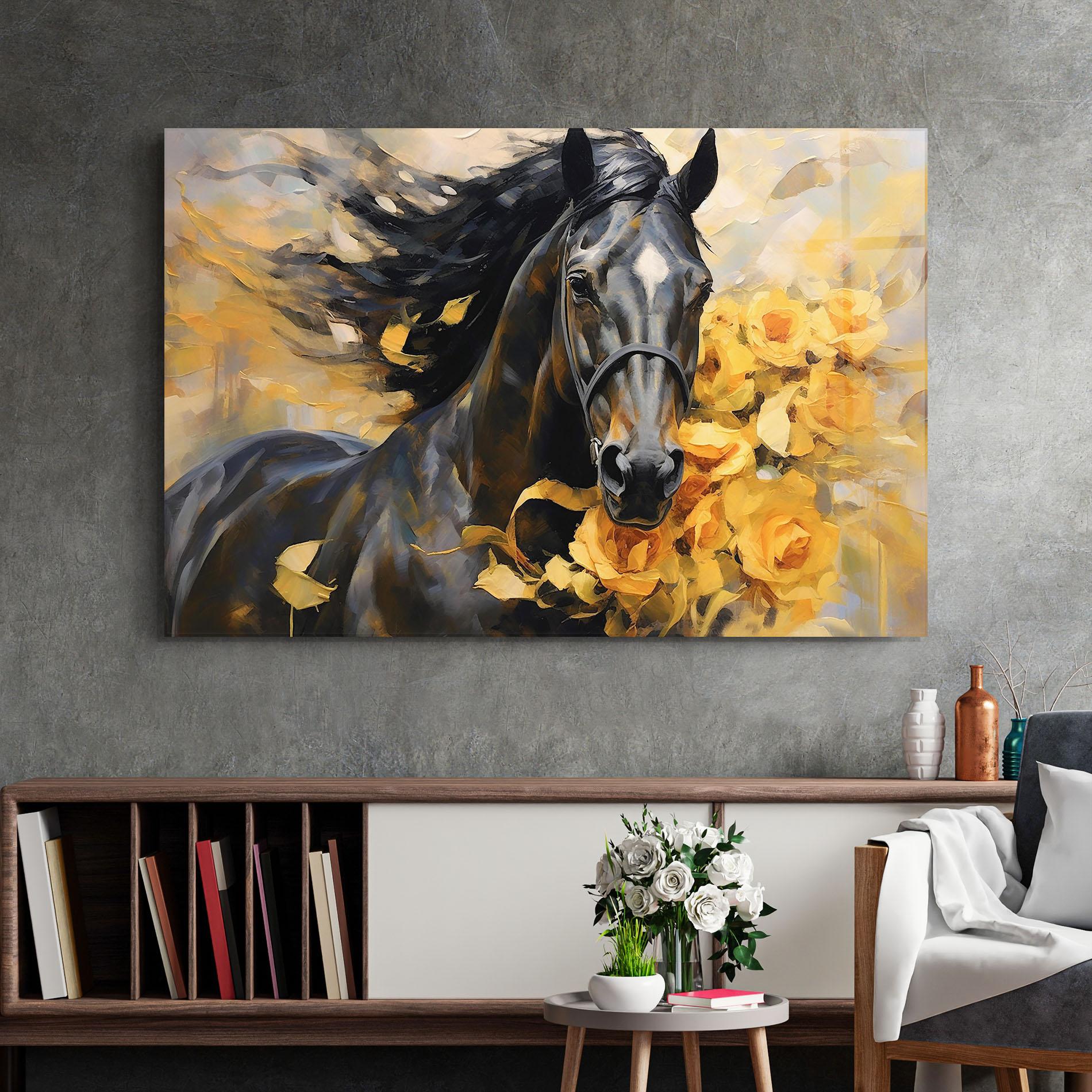 Glasbild Yellow Roses Horse mockup 2
