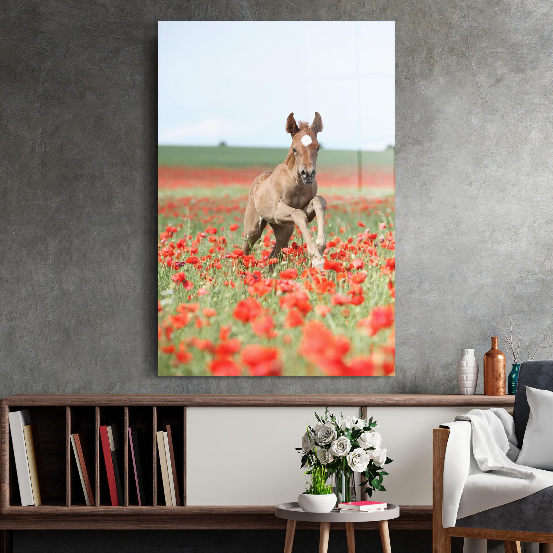 Glasbild Red Flowers Horse mockup 2