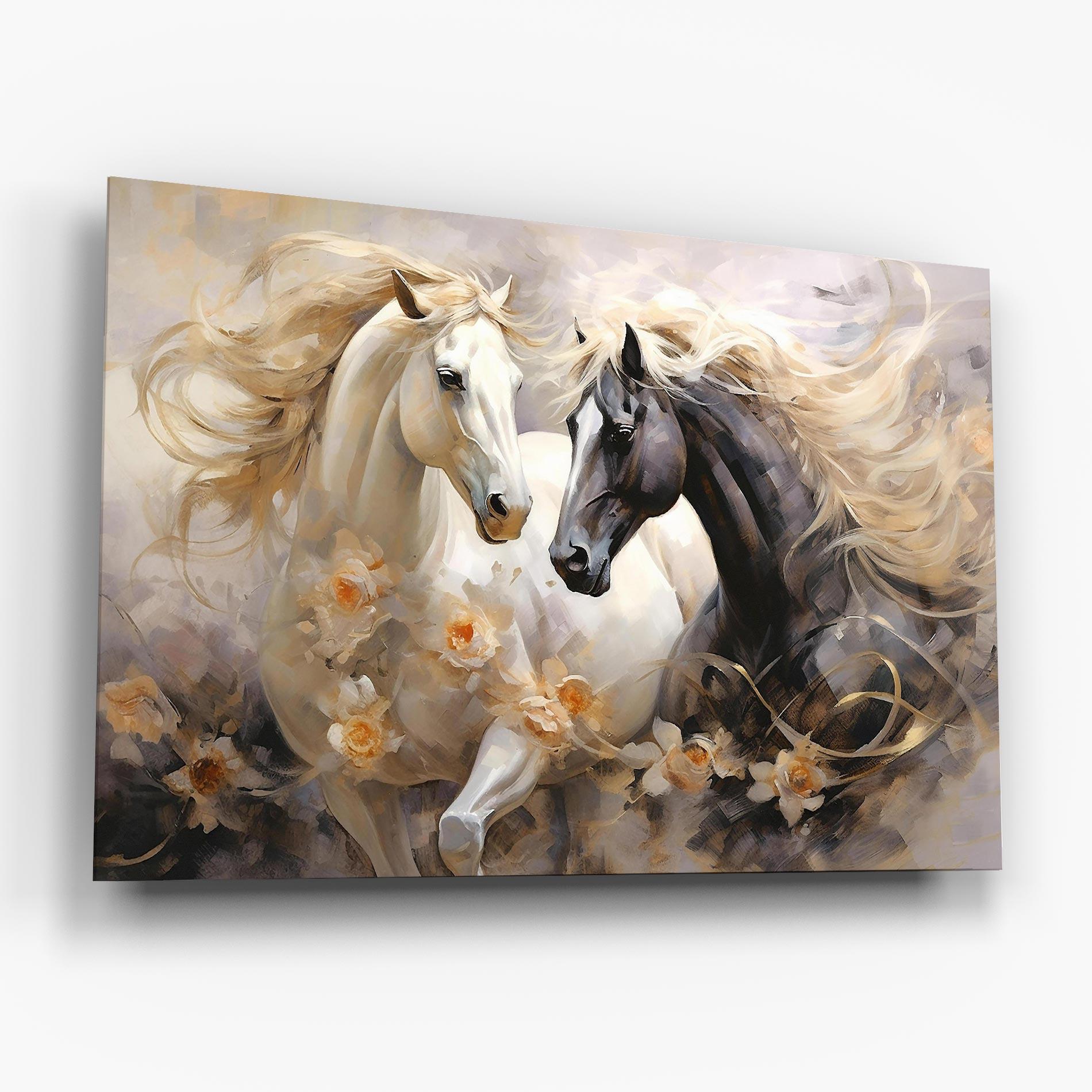 Glasbild Black And White Horses mockup 6