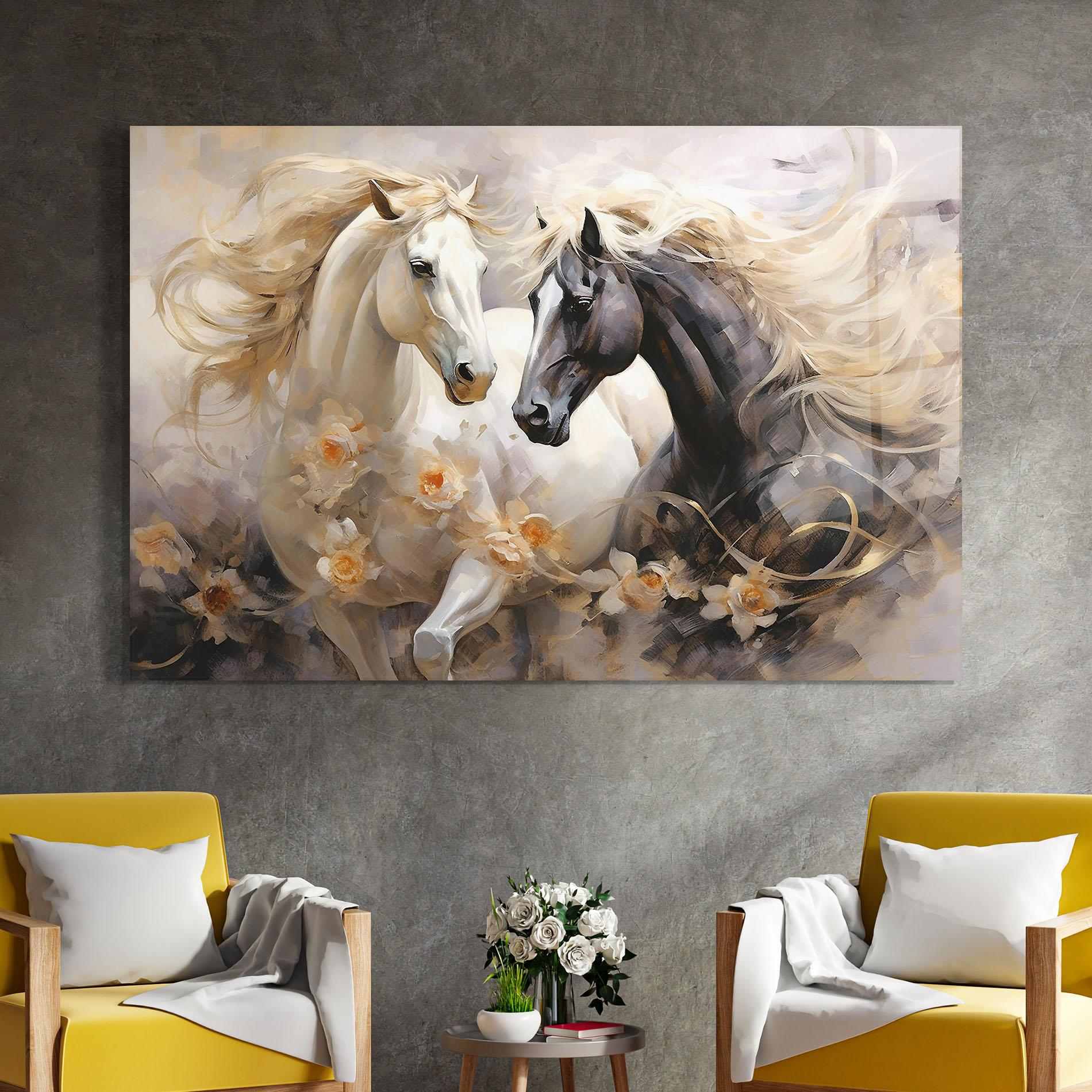Glasbild Black And White Horses mockup 4