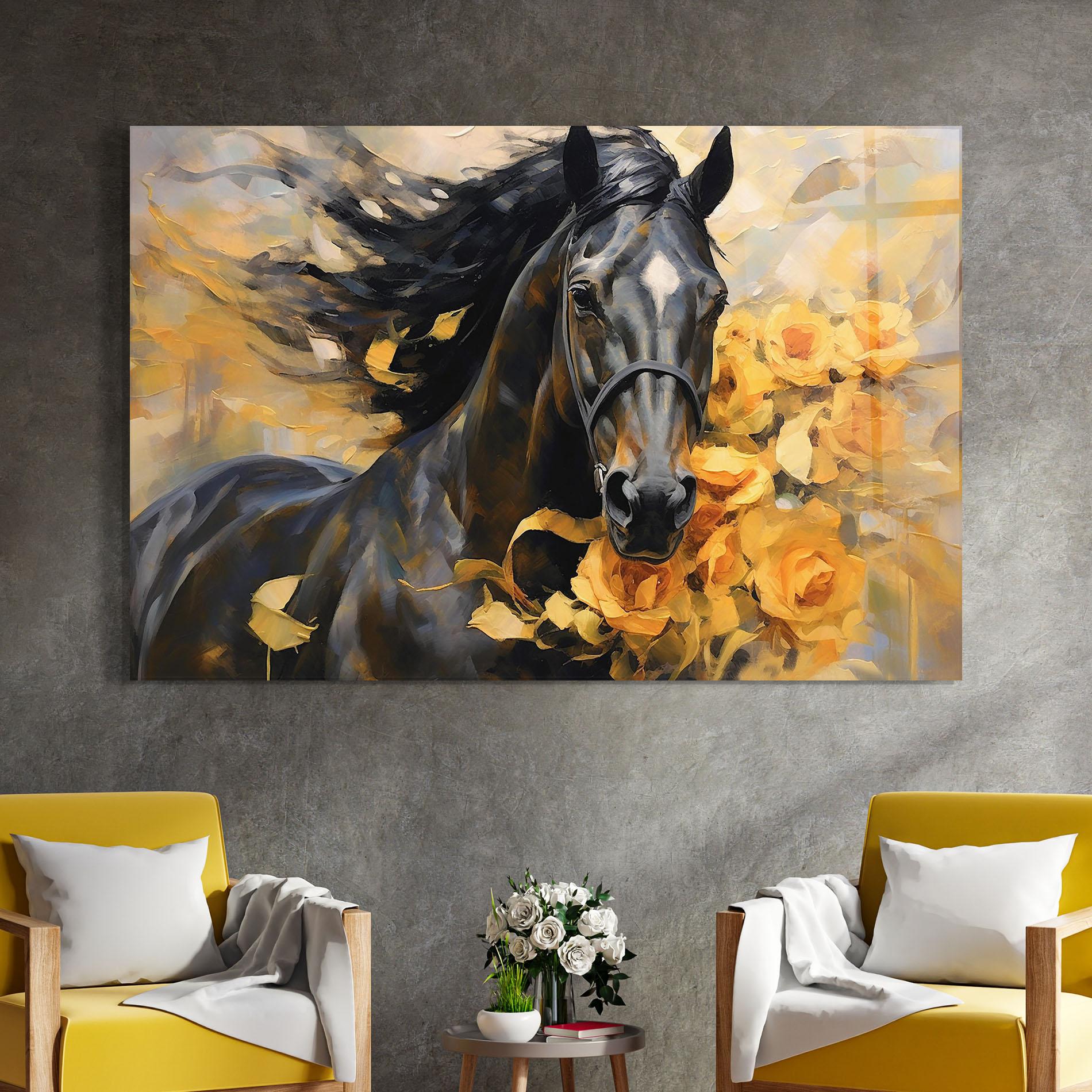 Glasbild Yellow Roses Horse mockup 4