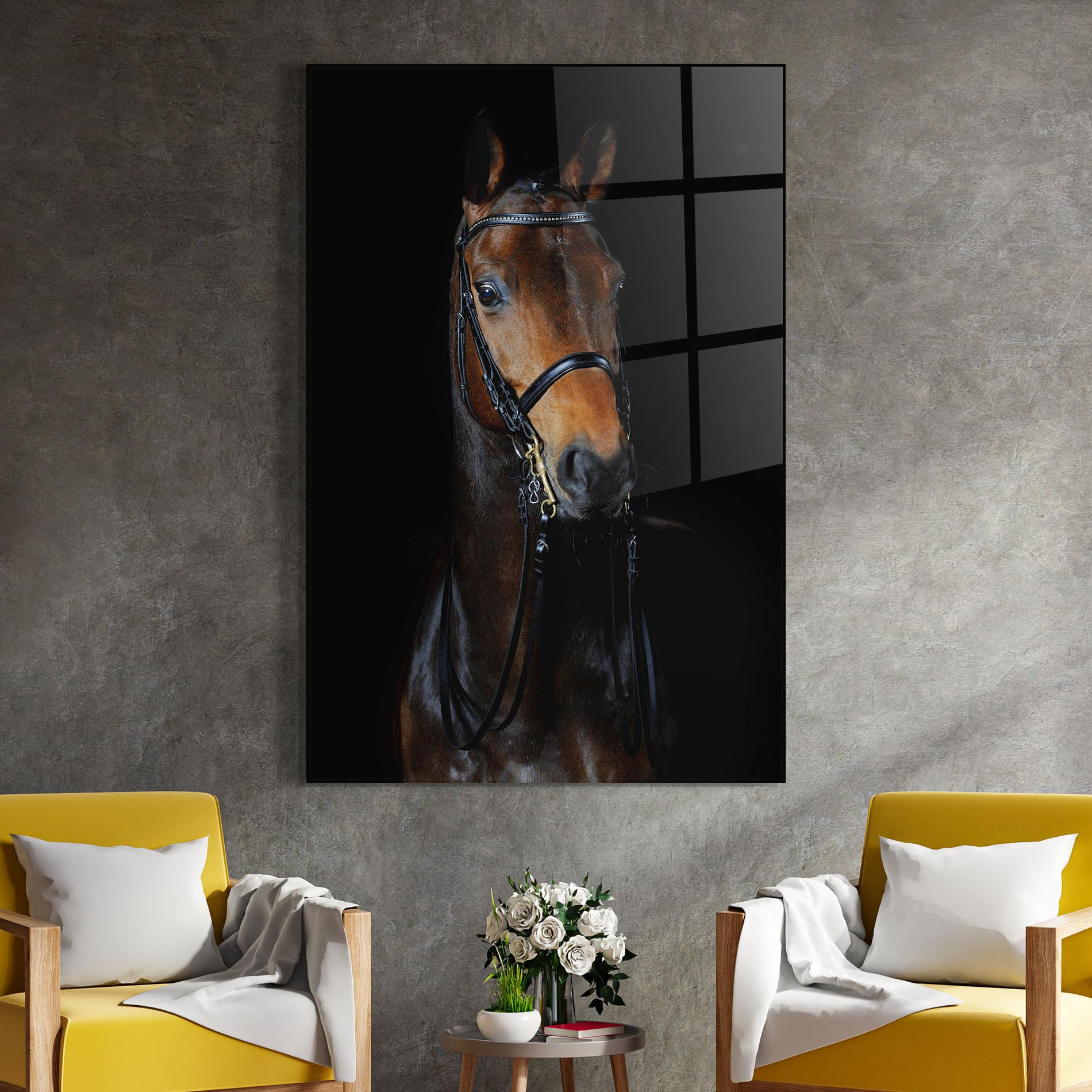 Glasbild Brown Horse On Black mockup 4