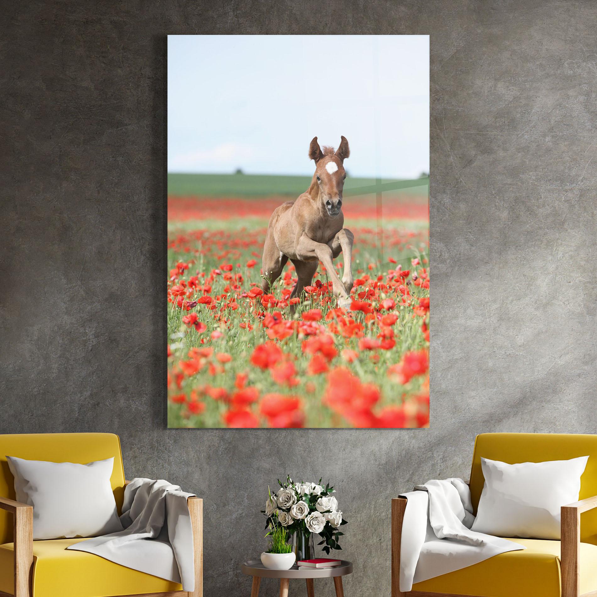 Glasbild Red Flowers Horse mockup 4