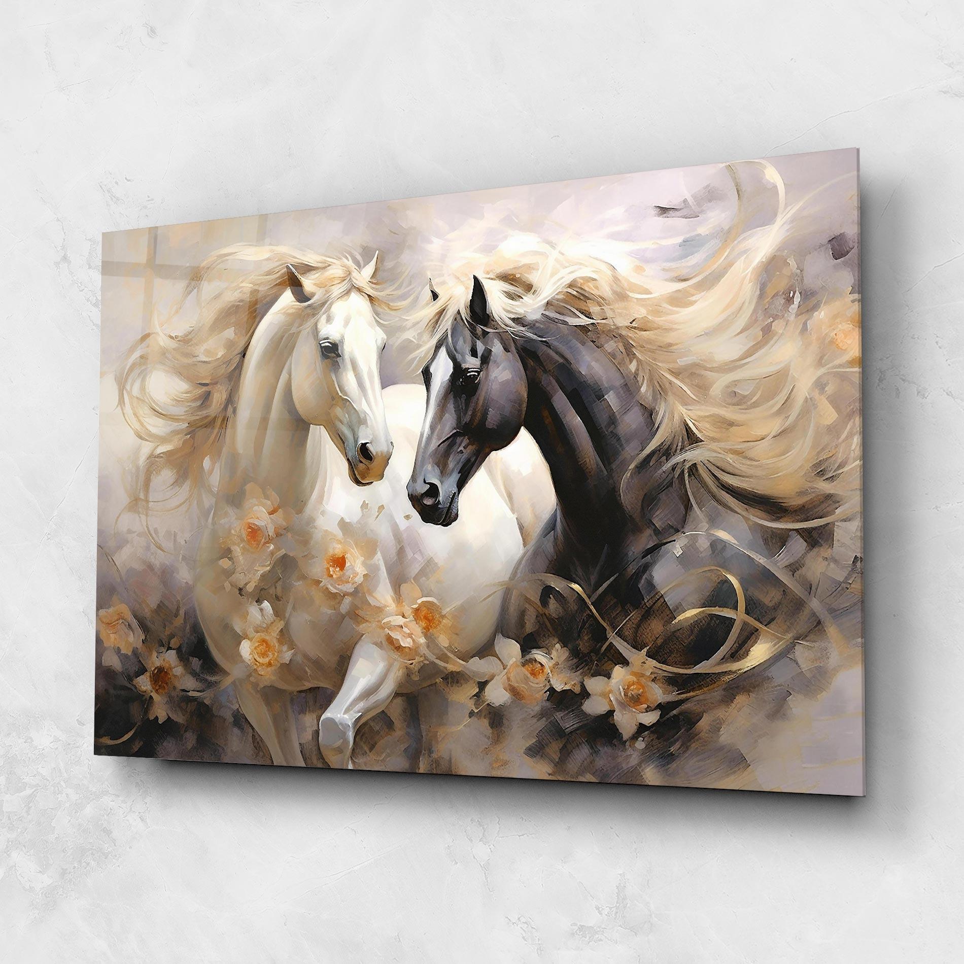 Glasbild Black And White Horses mockup 1