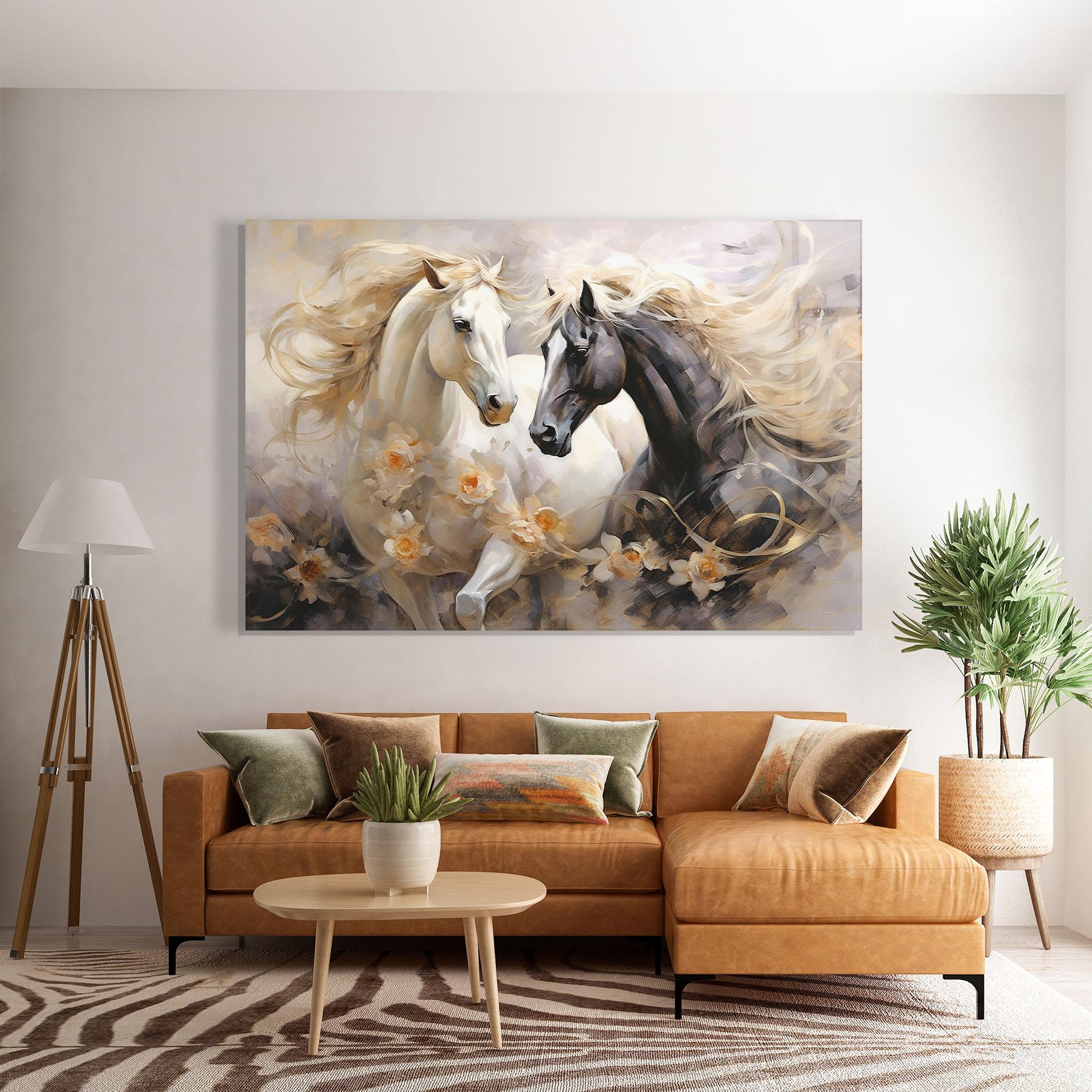 Glasbild Black And White Horses mockup 7