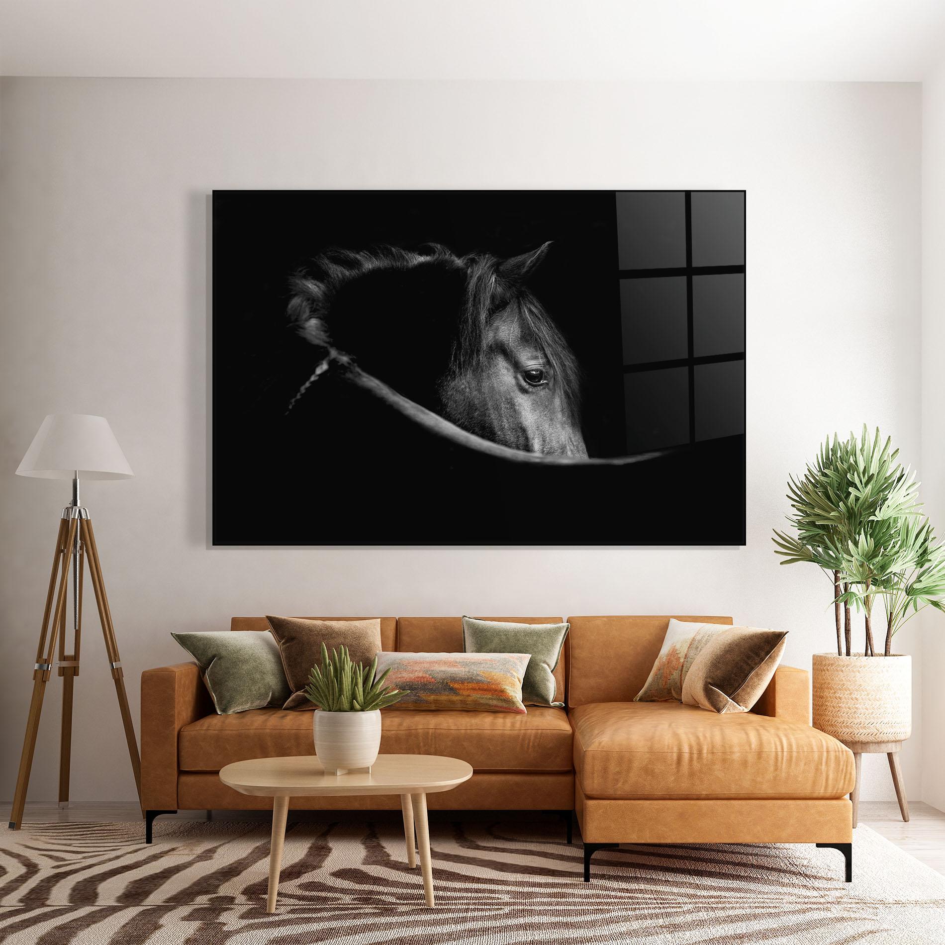 Glasbild Black Horse Looking mockup 7