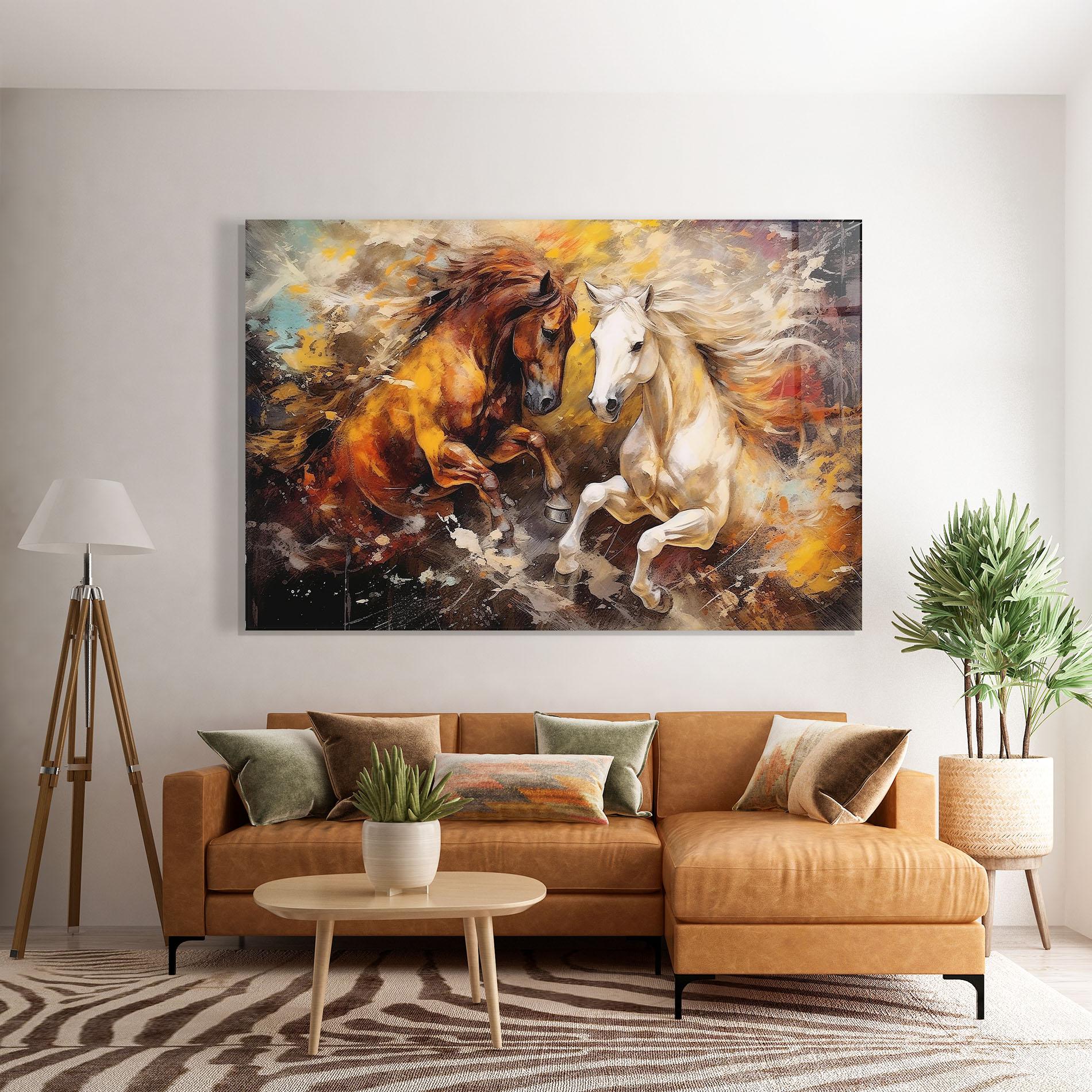 Glasbild Brown White Horses mockup 7