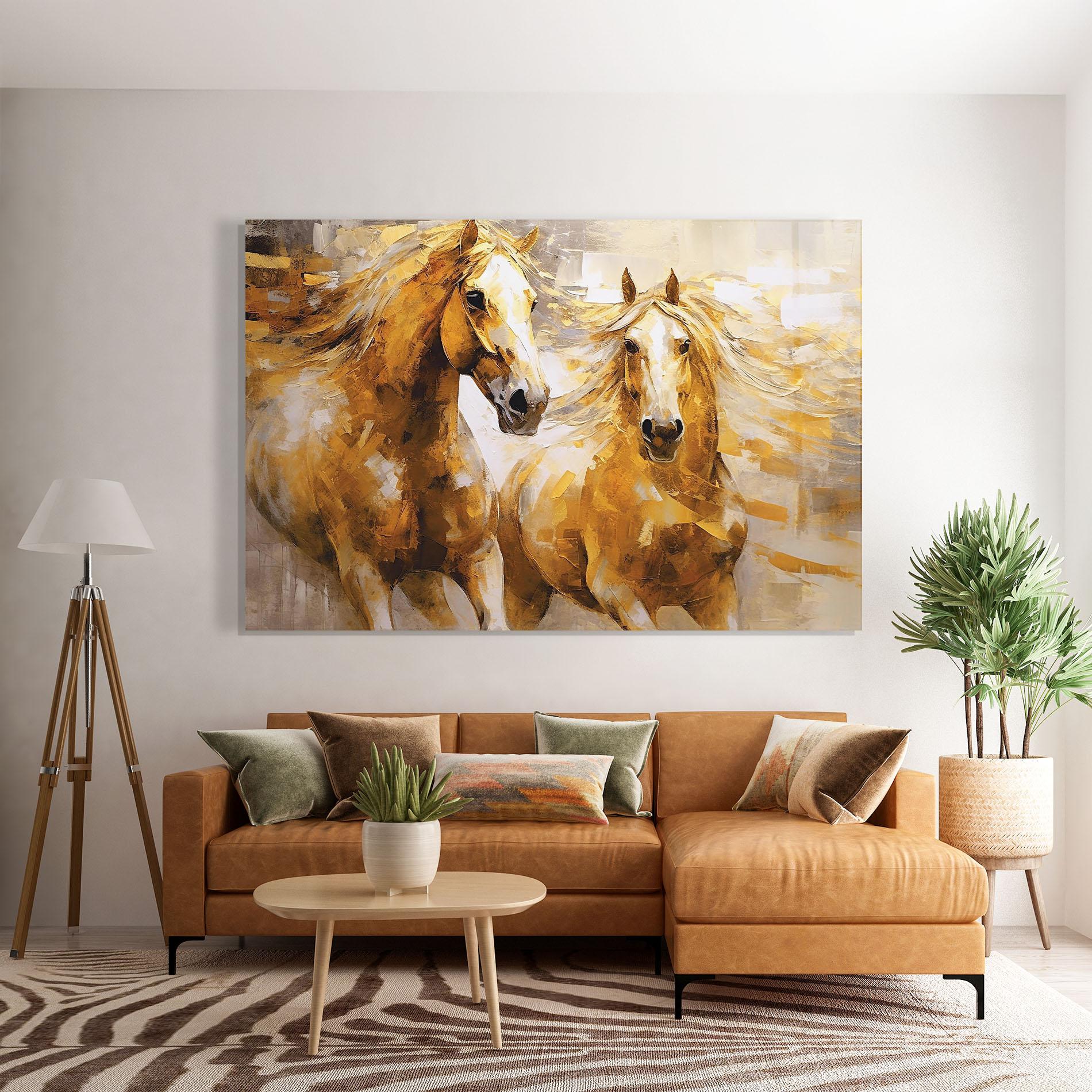 Glasbild Golden Brown Horses mockup 7