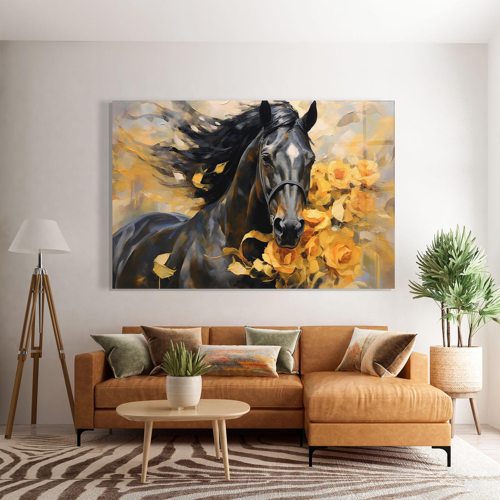 Glasbild Yellow Roses Horse mockup 7