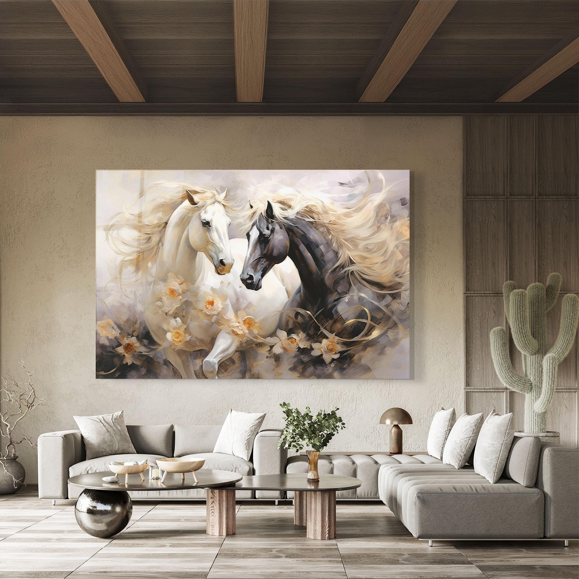 Glasbild Black And White Horses mockup 8