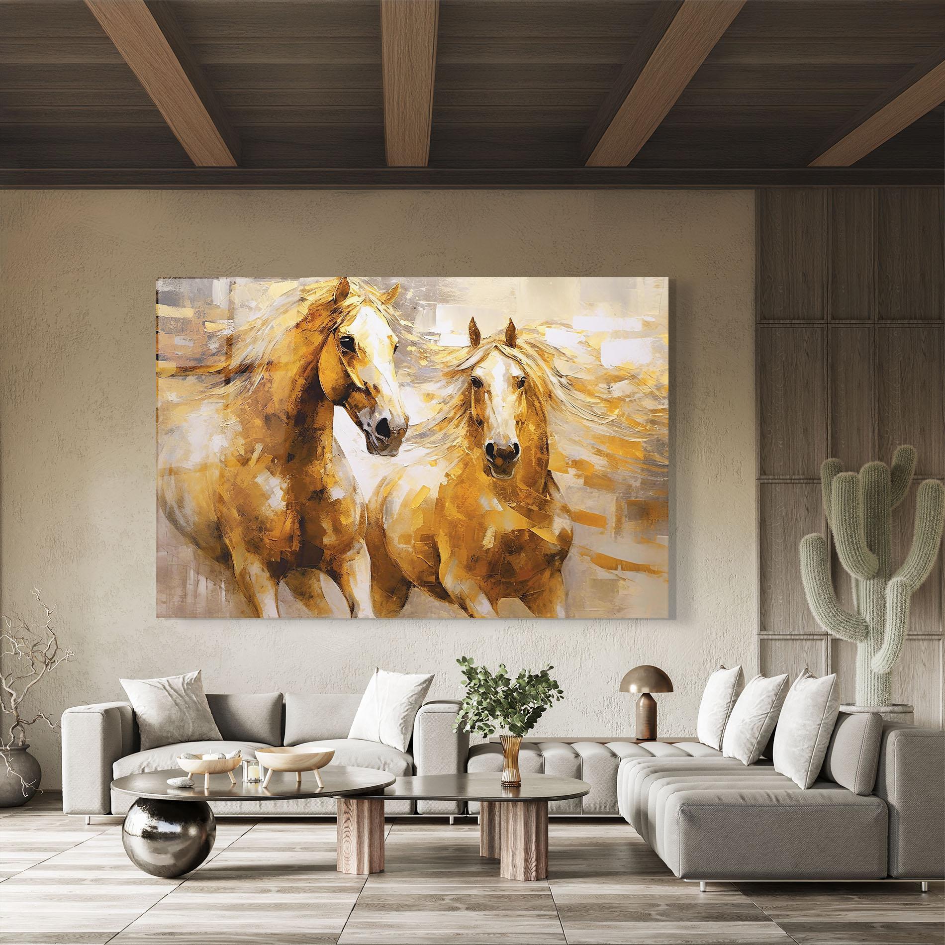 Glasbild Golden Brown Horses mockup 8