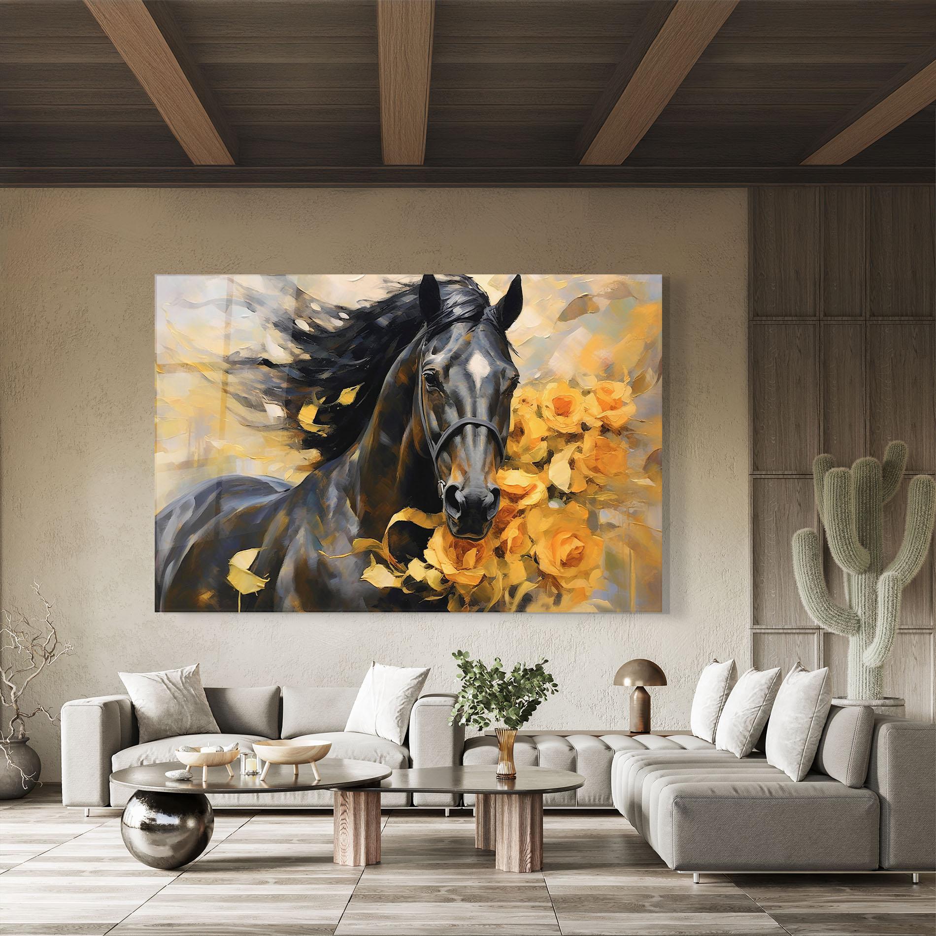 Glasbild Yellow Roses Horse mockup 8