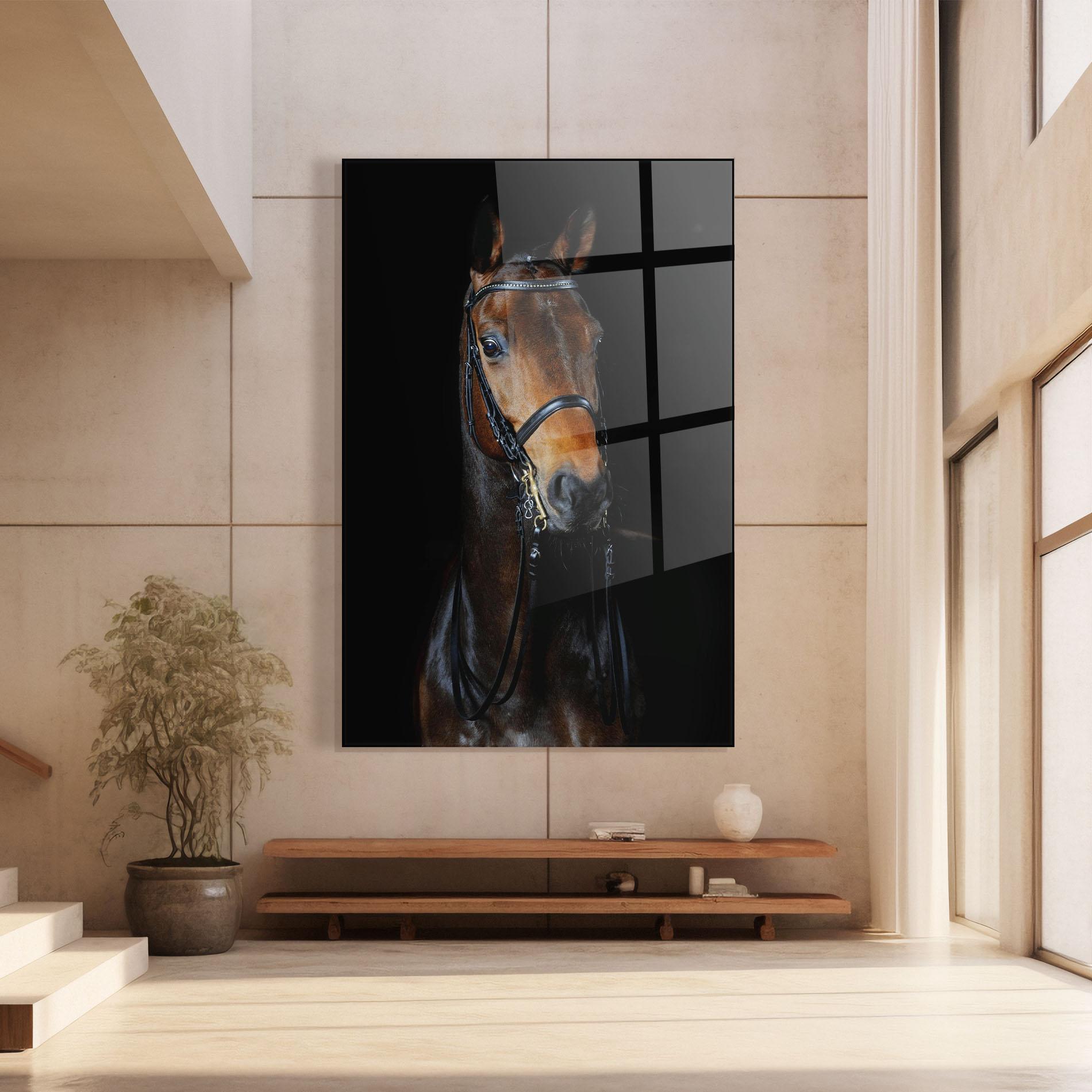 Glasbild Brown Horse On Black mockup 8