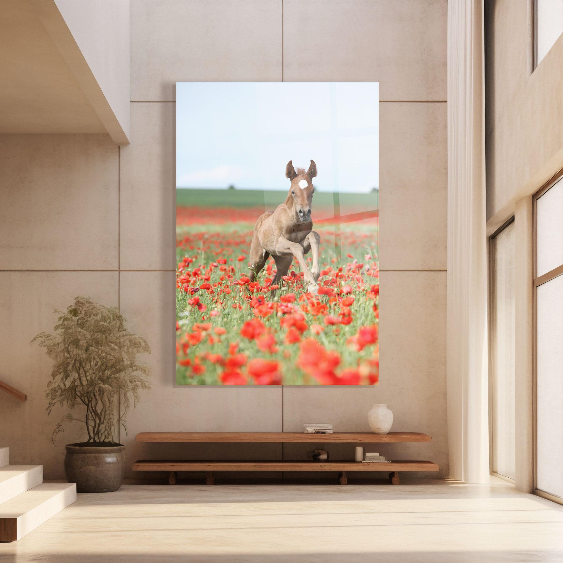 Glasbild Red Flowers Horse mockup 8
