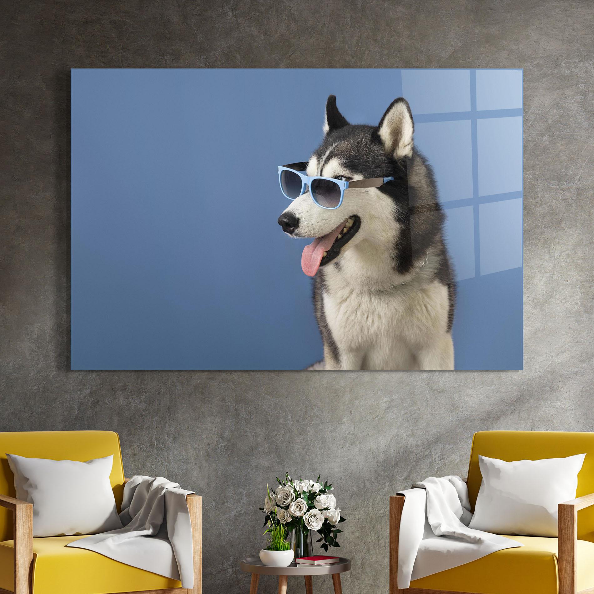 Glasbild Blue Glasses Dog mockup 4