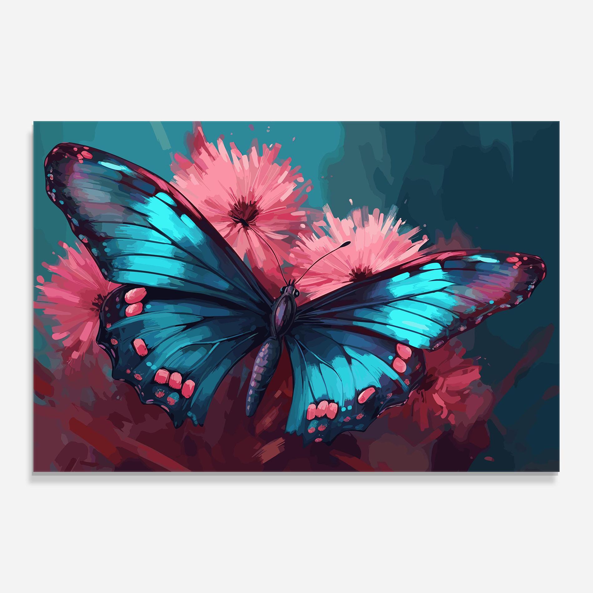 Glasbild Blue Butterfly On Pink mockup 0