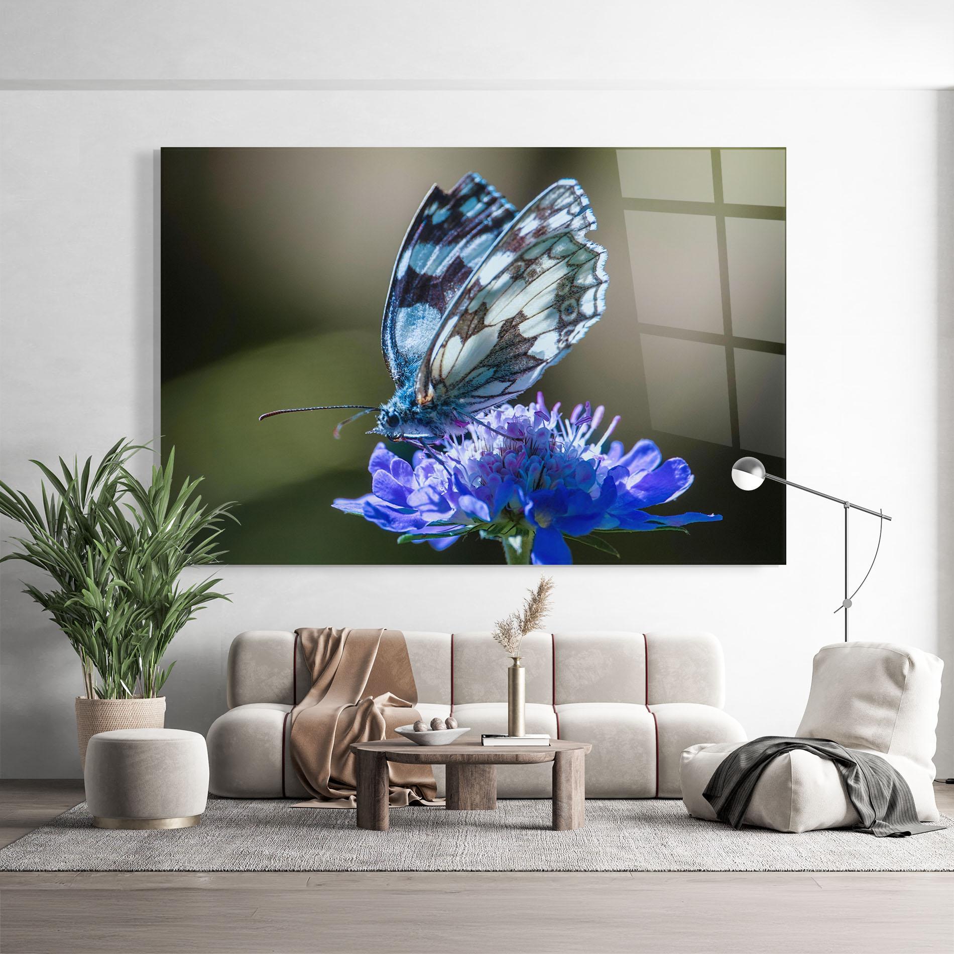 Glasbild Blue Butterfly In Nature mockup 9