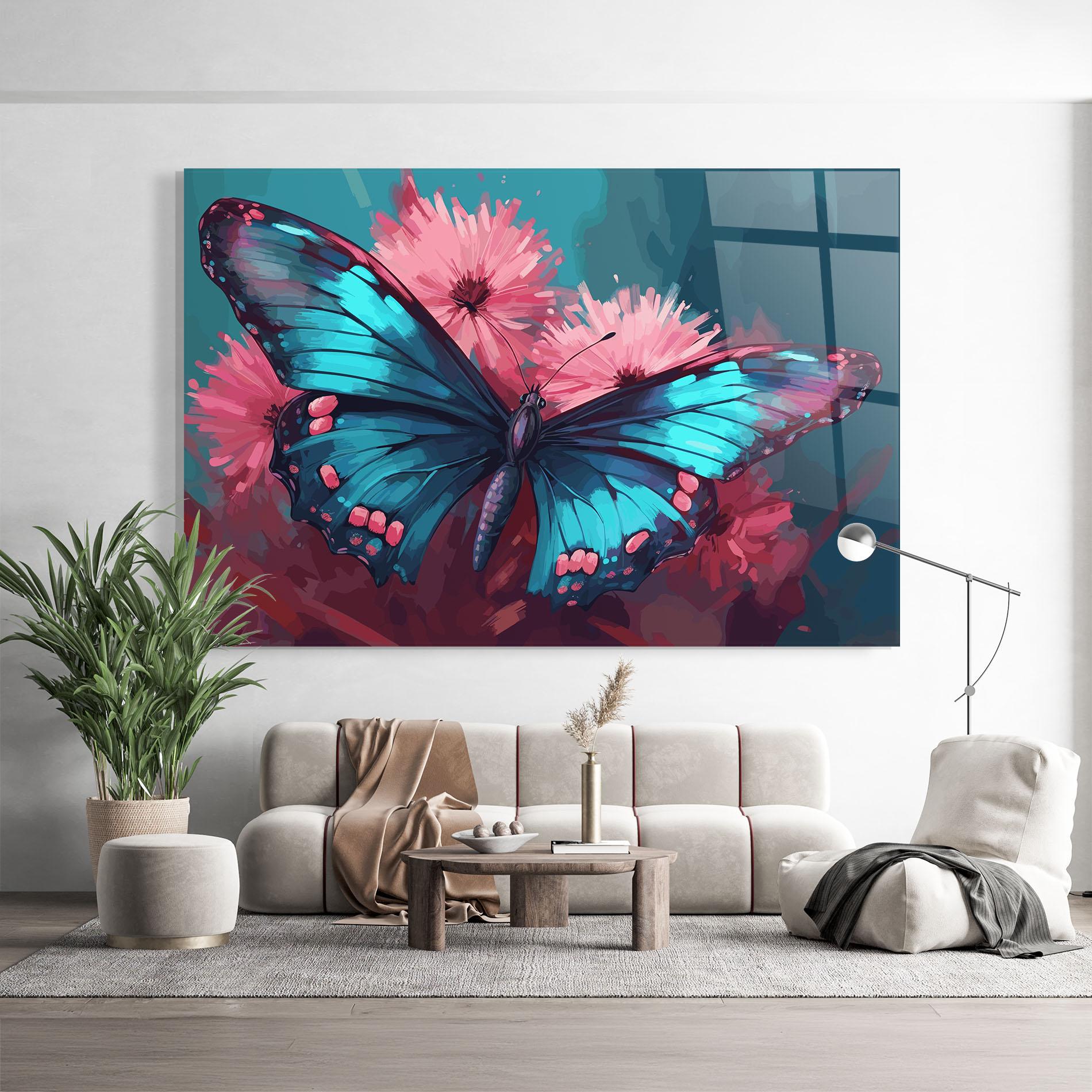 Glasbild Blue Butterfly On Pink mockup 9