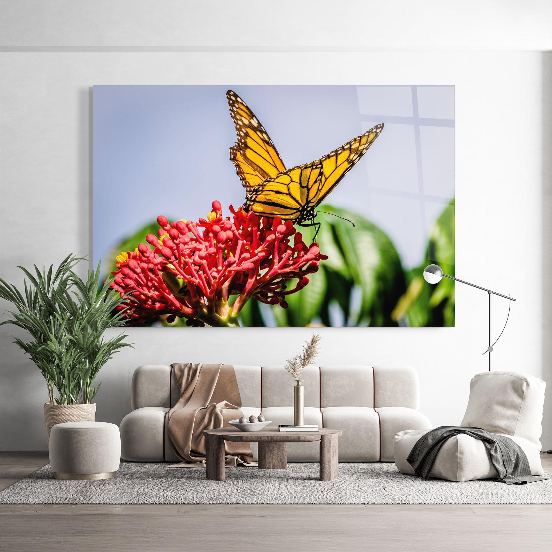 Glasbild Butterfly On Red Flower mockup 9