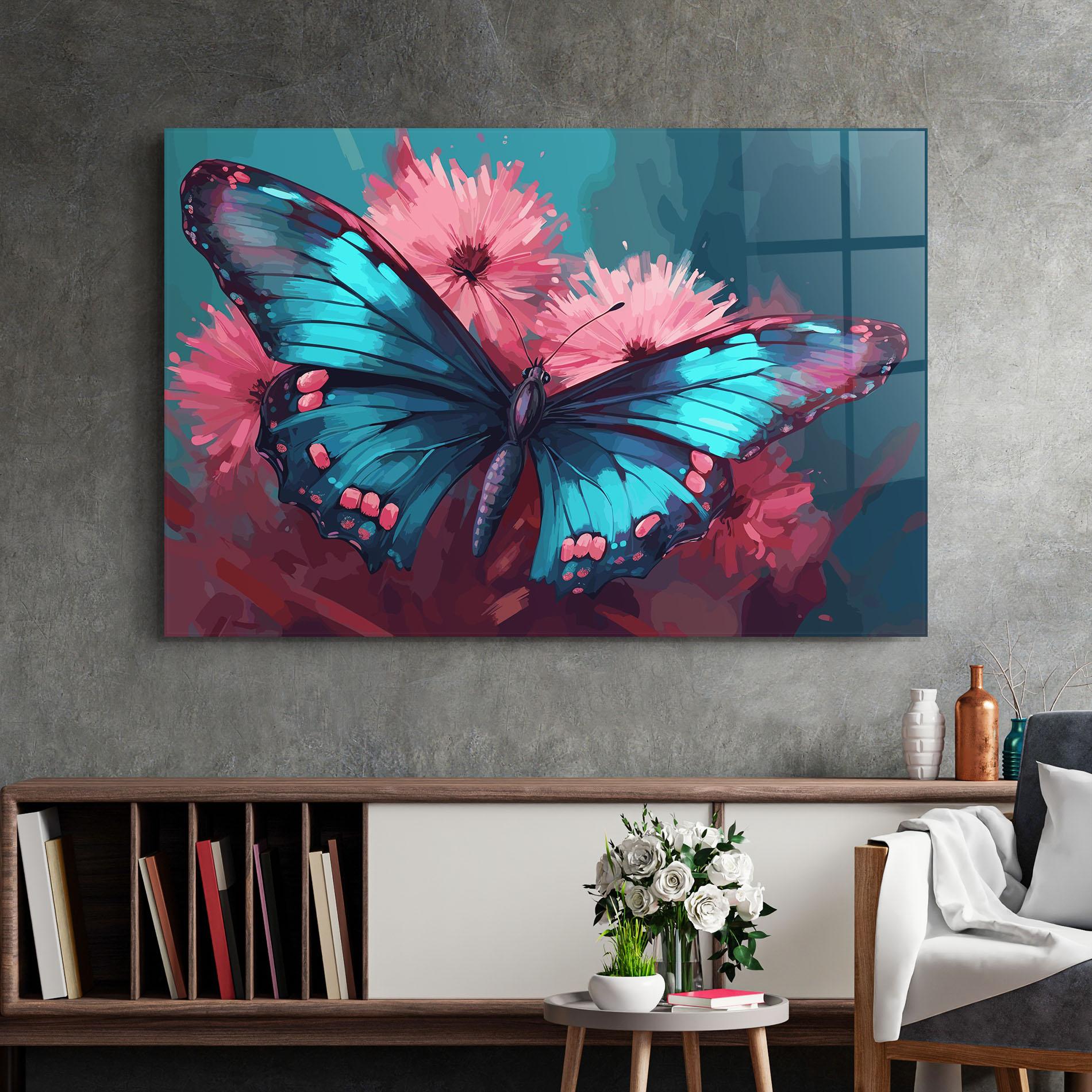 Glasbild Blue Butterfly On Pink mockup 2