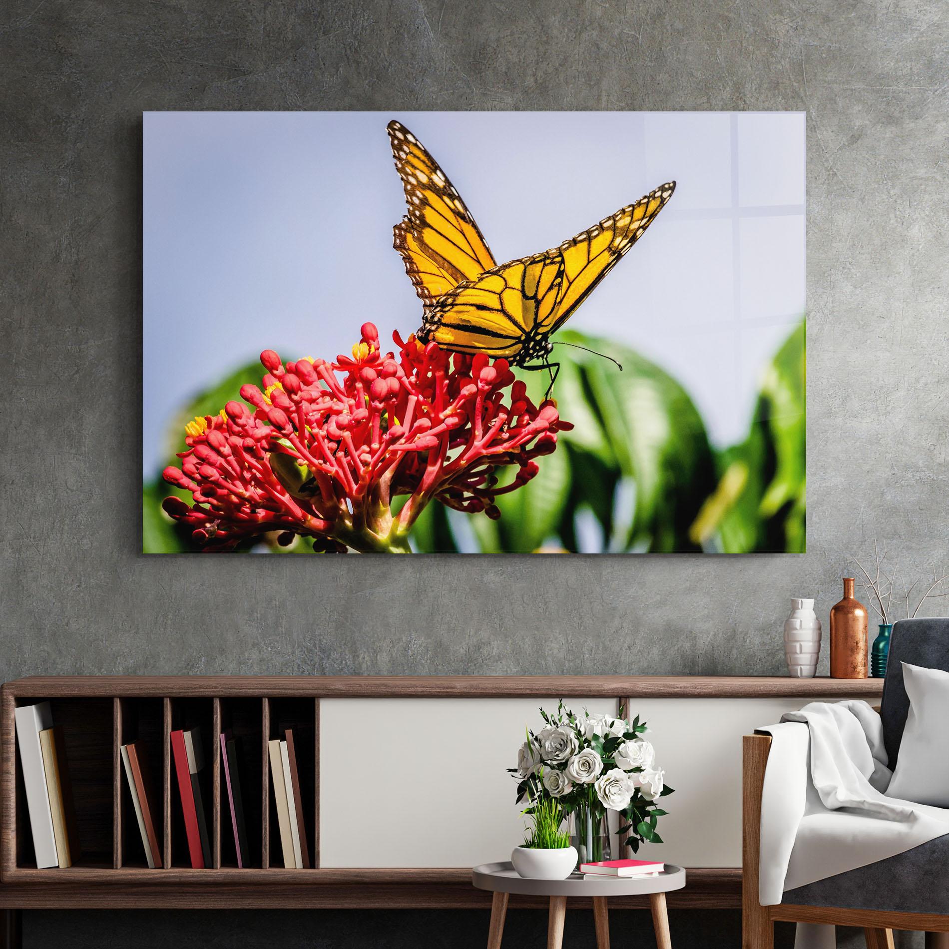 Glasbild Butterfly On Red Flower mockup 2