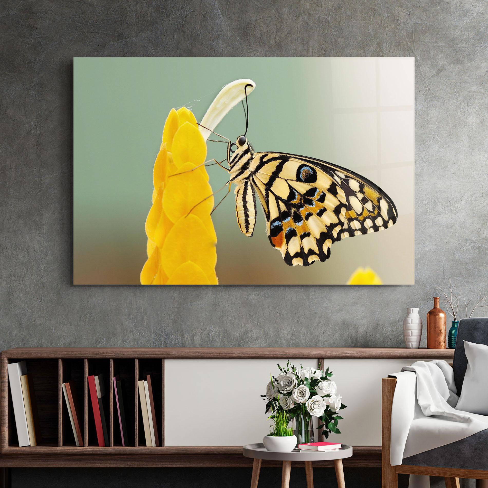 Glasbild Cream Yellow Butterfly mockup 2