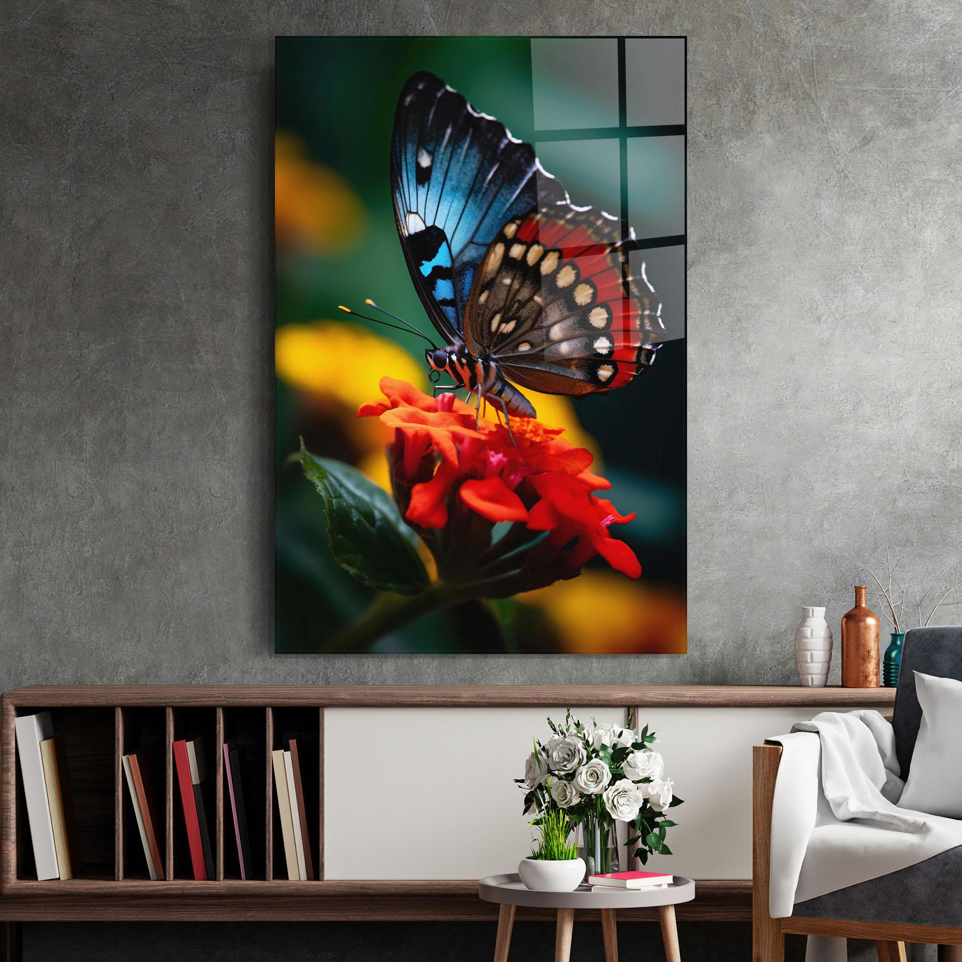 Glasbild Blue Red Butterfly mockup 2