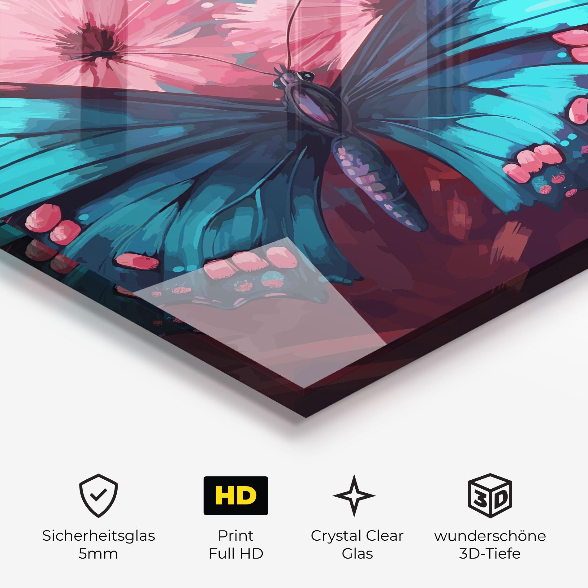 Glasbild Blue Butterfly On Pink mockup 3