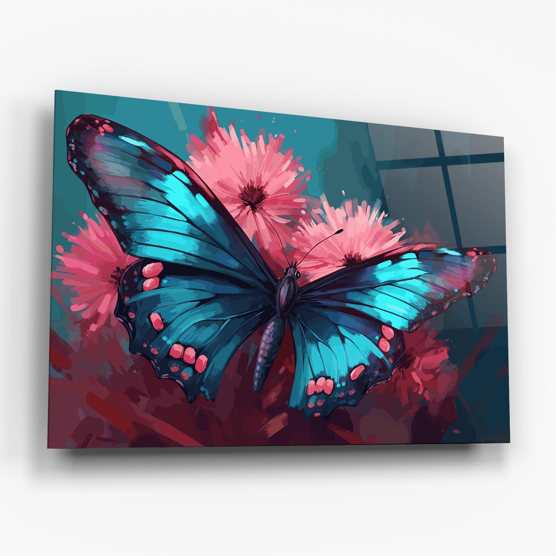 Glasbild Blue Butterfly On Pink mockup 6