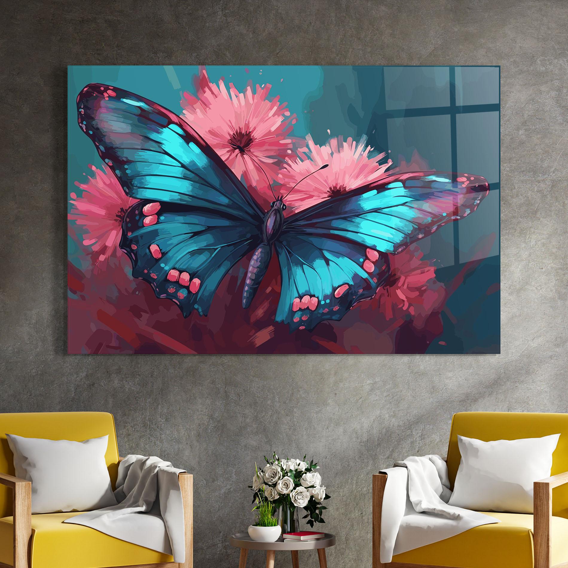 Glasbild Blue Butterfly On Pink mockup 4