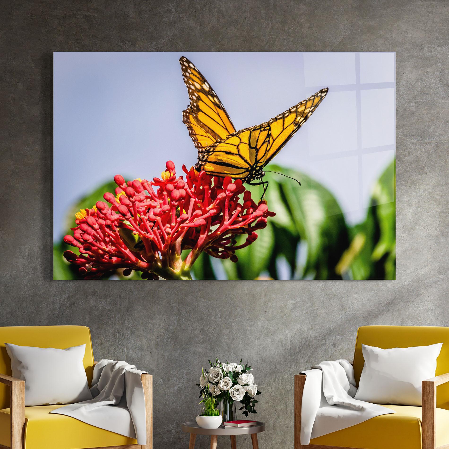 Glasbild Butterfly On Red Flower mockup 4